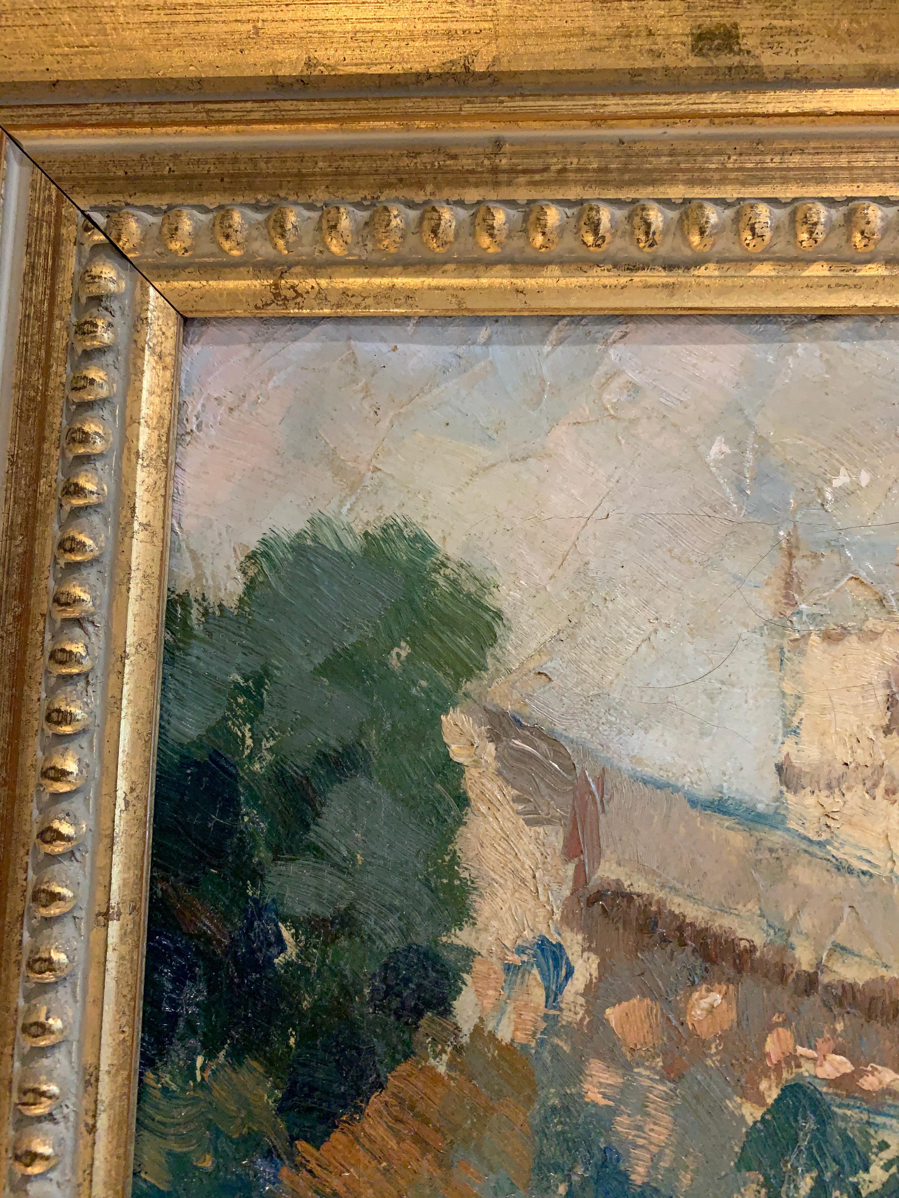 Painted Mid century framed oil on canvas of Knaresborough in North Yorkshire