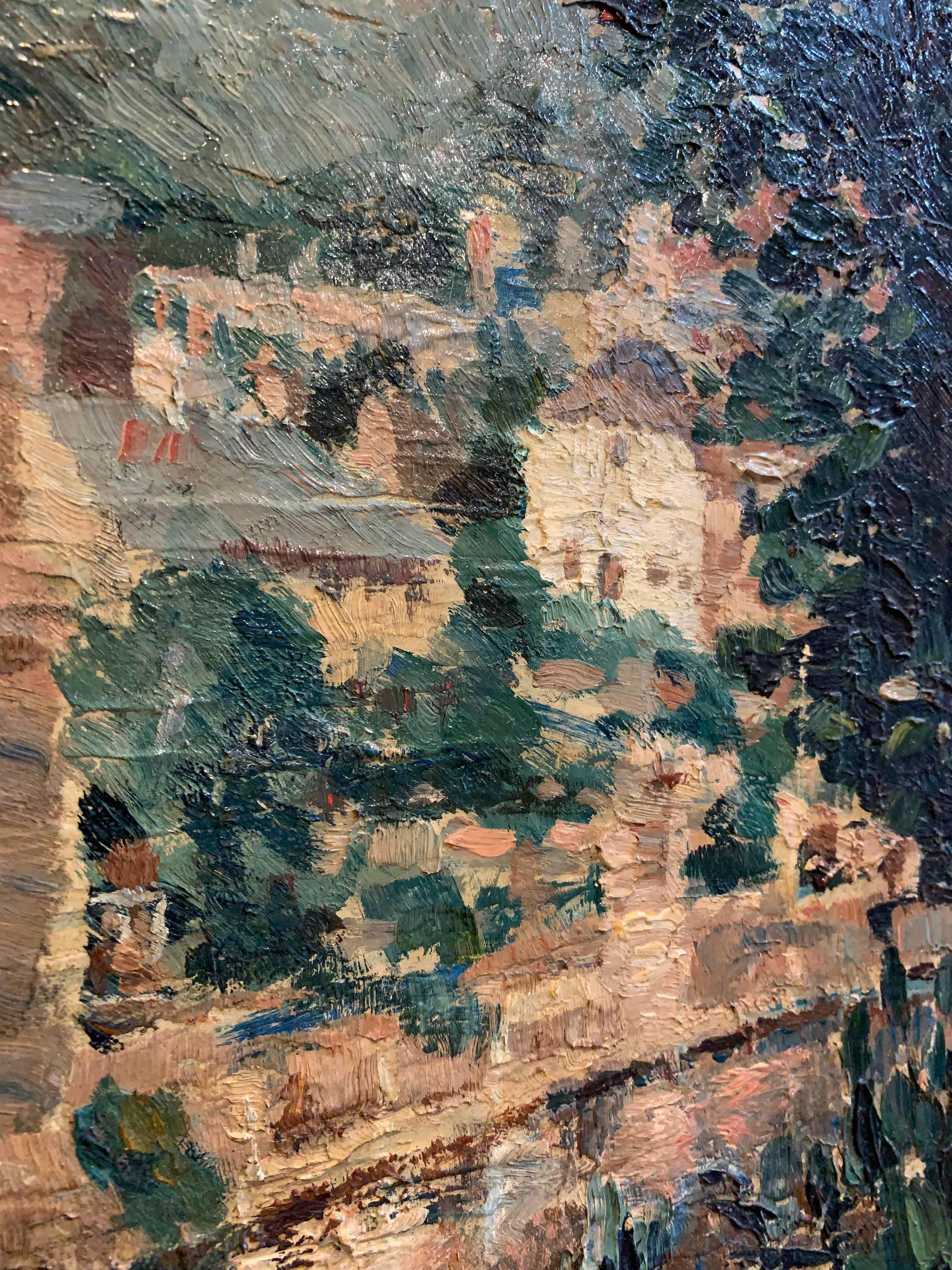 Mid century framed oil on canvas of Knaresborough in North Yorkshire In Good Condition In London, GB