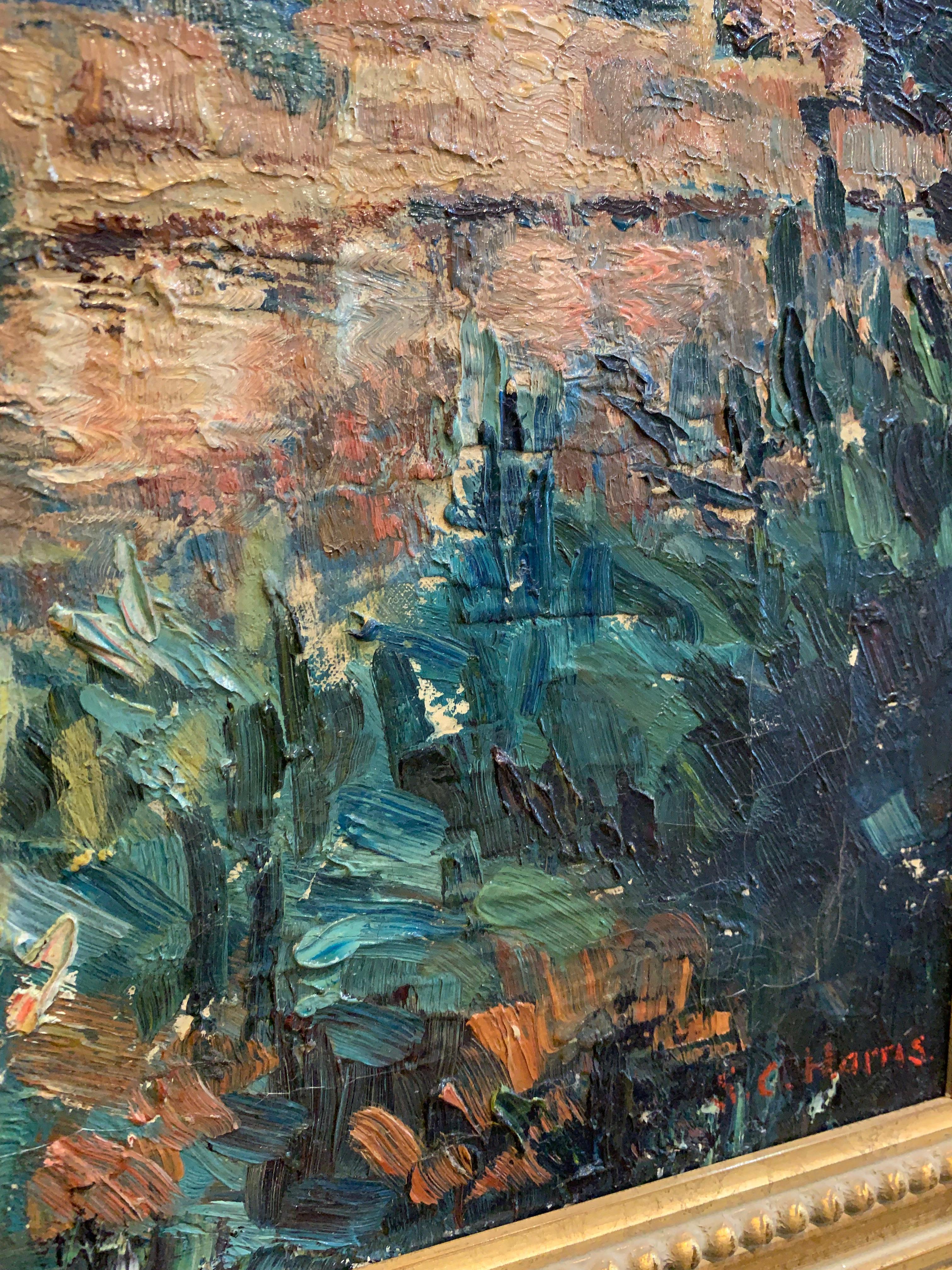 Mid century framed oil on canvas of Knaresborough in North Yorkshire 1