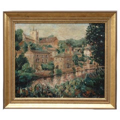 Mid century framed oil on canvas of Knaresborough in North Yorkshire
