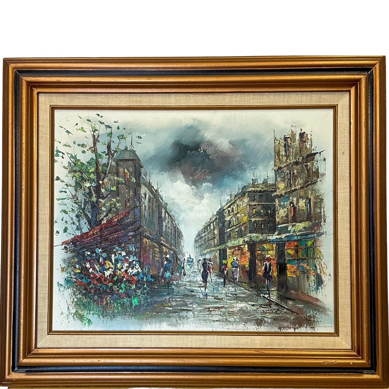 Belle Époque Mid-Century Framed Oil On Cavas Old Paris Street Scene - Signed For Sale