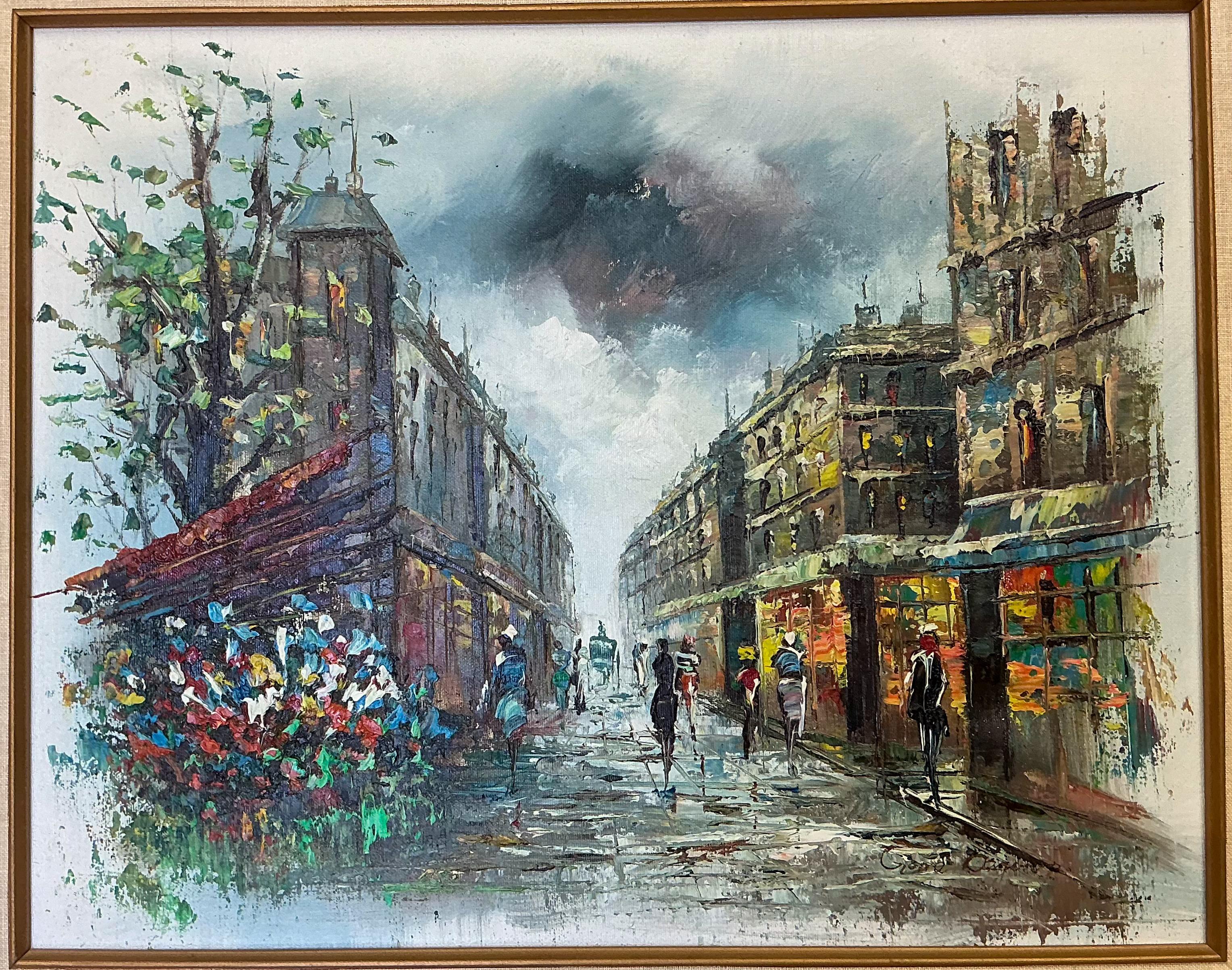 Mid-Century Framed Oil On Cavas Old Paris Street Scene - Signed In Good Condition For Sale In Kennesaw, GA