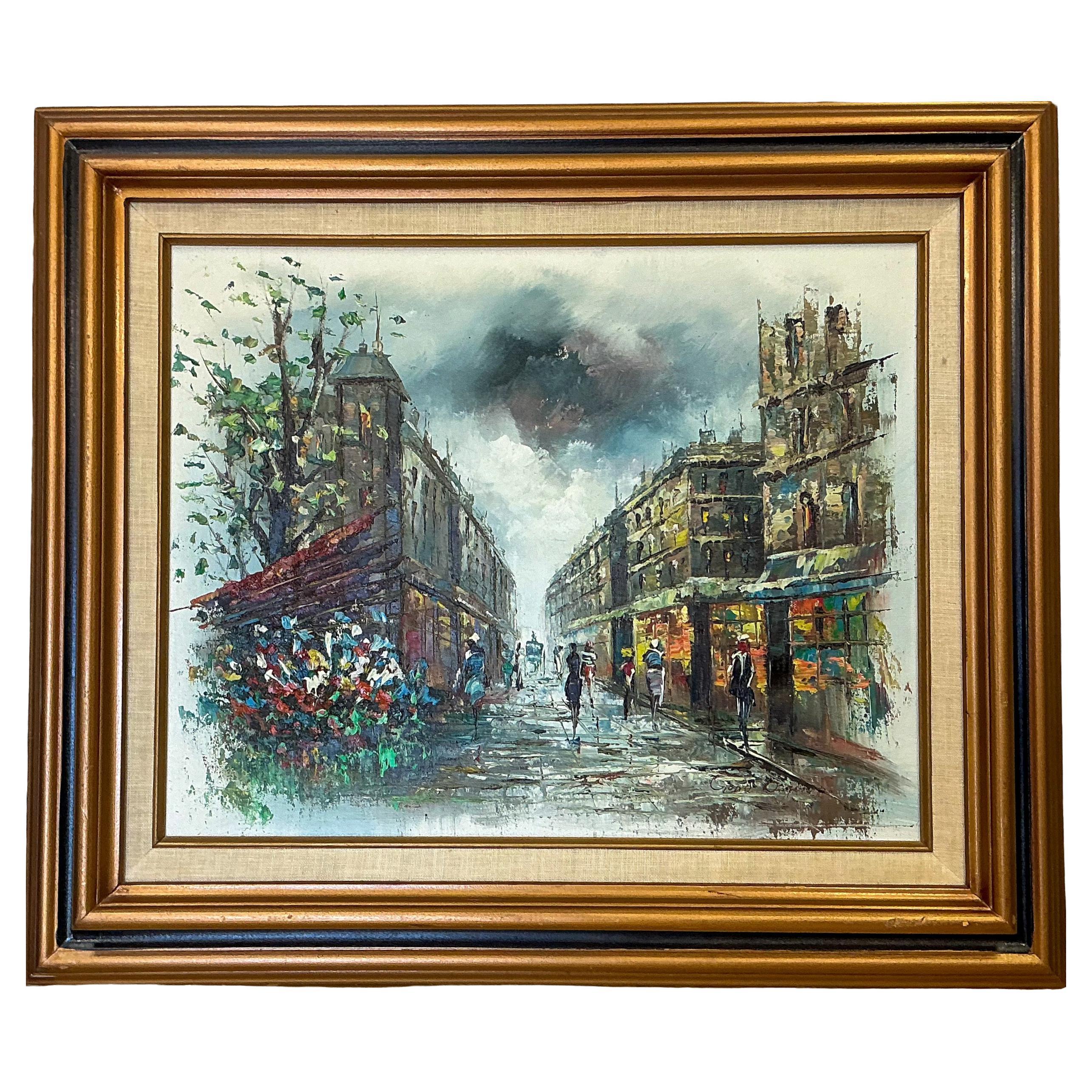 Óleo Sobre Cavas de Mediados de Siglo Escena Callejera del Old Paris - Firmado