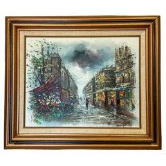 Huile sur toile encadrée du milieu du siècle Old Paris Scène de rue - Signée