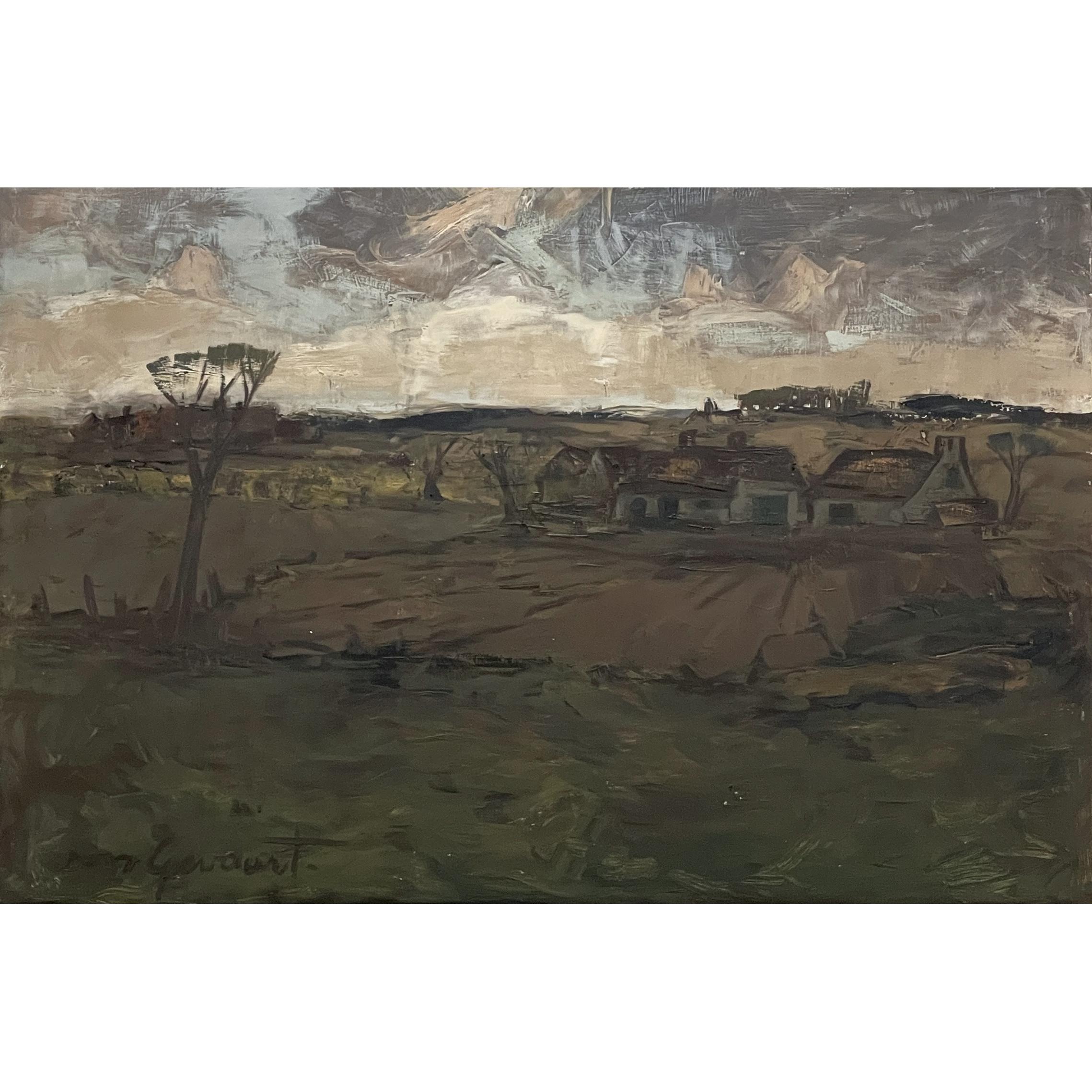 Mid-century framed oil painting on canvas by Don Gevaert is an intriguing study on the broad spectrum of gray hues, depicting an impressionistic view of a quaint homestead on rolling hills with a wintry morning sky. Gevaert has used both brush and
