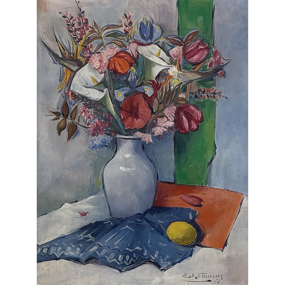 Mid-century framed oil painting on canvas by Ed Florens dated 1954 is a splendid still life which comes from a centuries-old tradition of such a genre in Europe, and has been carried out in this work with a cool palette to create a calming effect.
