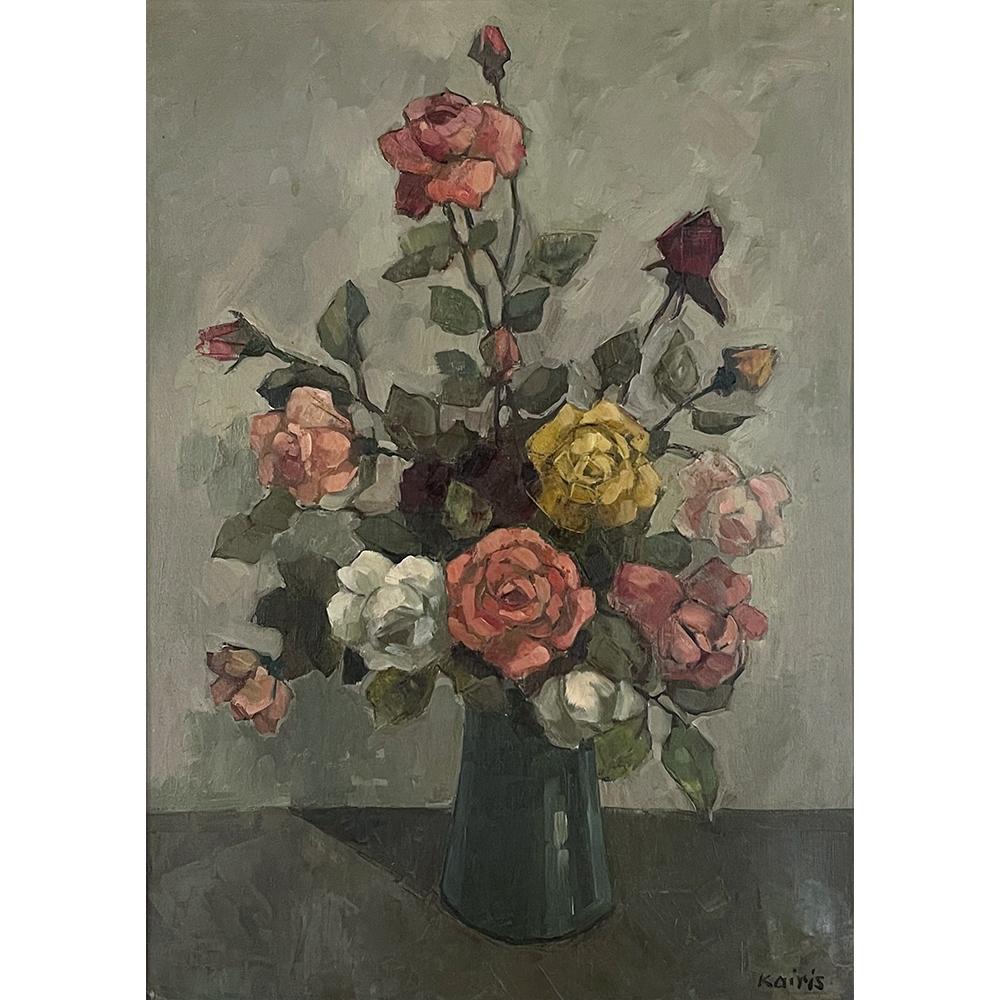 Mid-Century framed oil painting on canvas by Kairis is a splendid expression of the classic still life, wherein the artist has used intriguing technique to create an interesting gray wash effect. The vibrancy of the flowers remains evident as if the