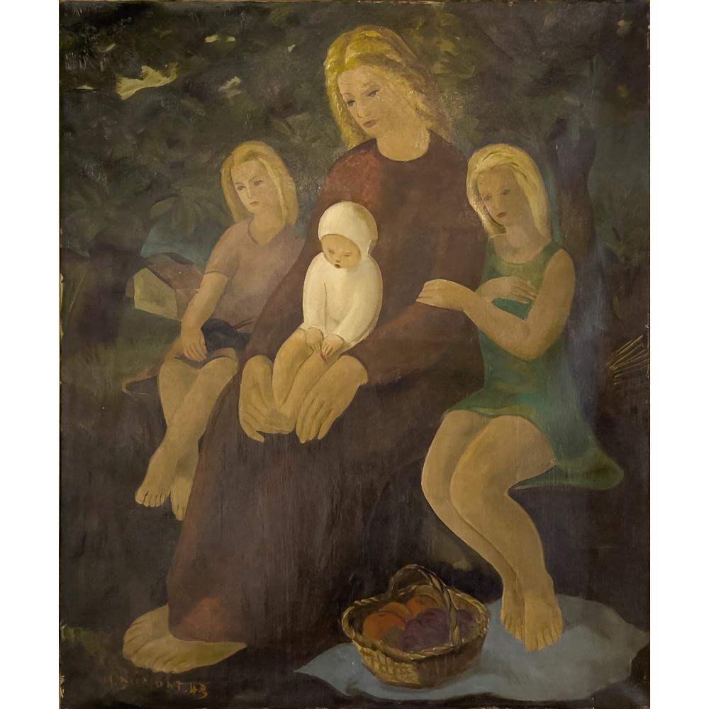 Mid-century framed oil painting on canvas by Marcel Dumont ~ dated 1943 is a poignant family portrait of a mother and three daughters in a reflective pose, showing the artist's flair for dramatic emotion. Entitled 
