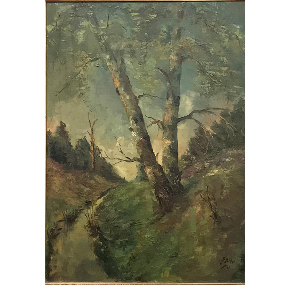 This peaceful antique framed oil painting on canvas depicts a lovely pastoral scene complemented by the original frame. Artist van Gaal has employed a post-impressionist technique with a splendid cool palette to create a wonderful work that adds