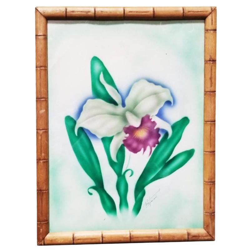 Mid Century Framed Painting "Cattleya Orchid" in Bamboo Frame Ted Mundorff For Sale