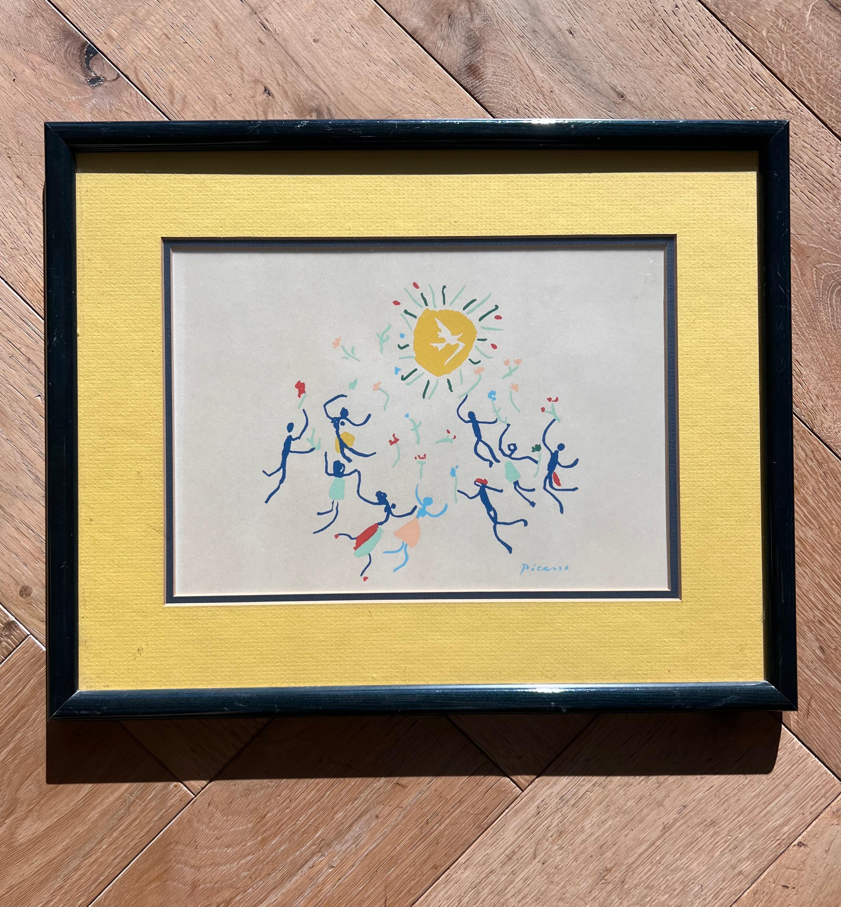 A mid century framed lithograph print of Pablo Picasso’s “Homage to the Sun”, 20th century. With midnight blue and canary yellow matting and behind glass in a deep forest green lacquered frame. Ready to hang. Pick up in central west Los Angeles or