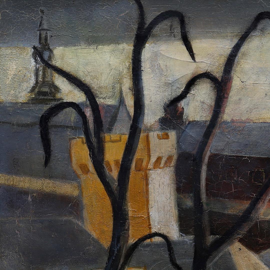 Mid-Century Modern Peinture à l'huile suédoise sur toile encadrée du milieu du siècle dernier représentant une ville et une vue sur une rivière en vente