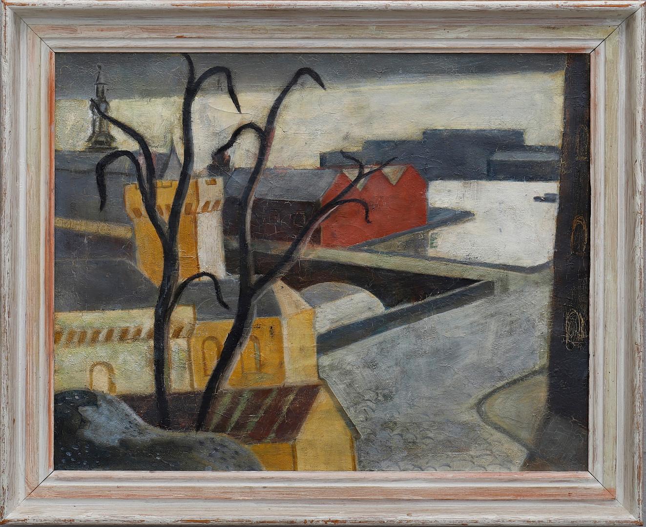 Peinture à l'huile suédoise sur toile encadrée du milieu du siècle dernier représentant une ville et une vue sur une rivière Bon état - En vente à London, GB
