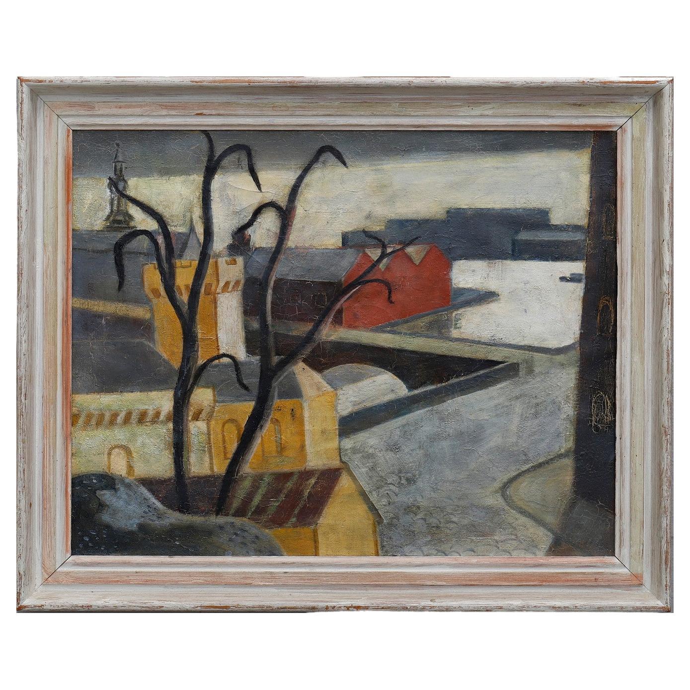 Mid Century Framed Swedish Oil Painting on Canvas of a City and and River View