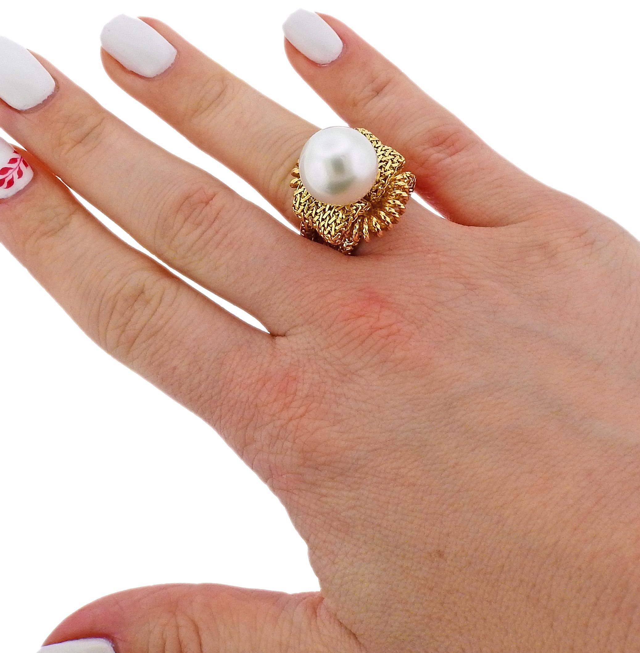 Midcentury France South Sea Pearl Gold Ring For Sale 2