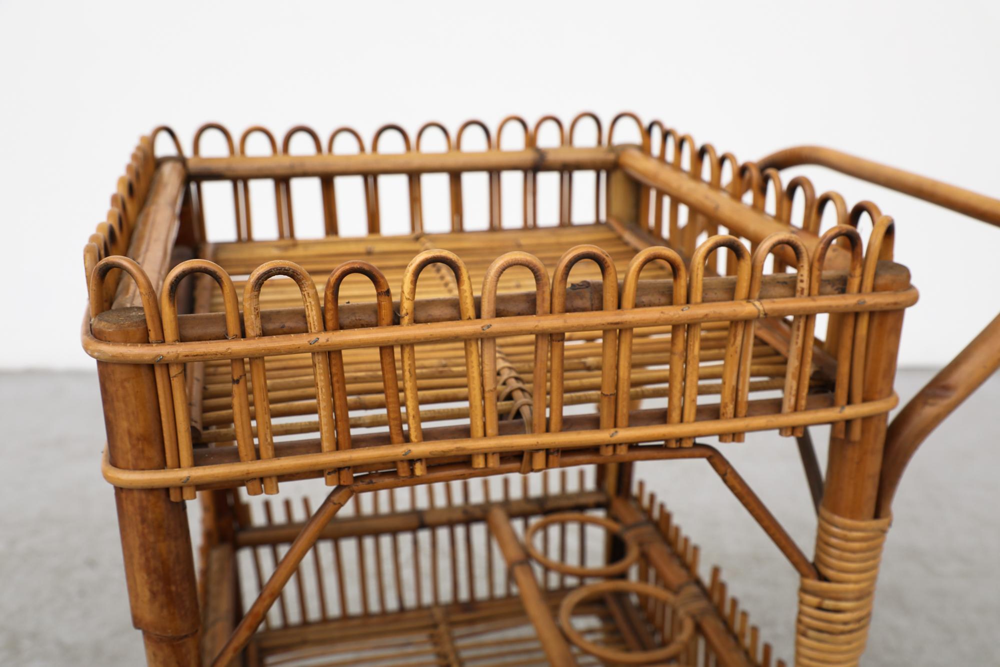 Mid-Century Franco Albini Inspired Bamboo Bar Cart w/ Lower Shelf & Brass Wheels For Sale 4