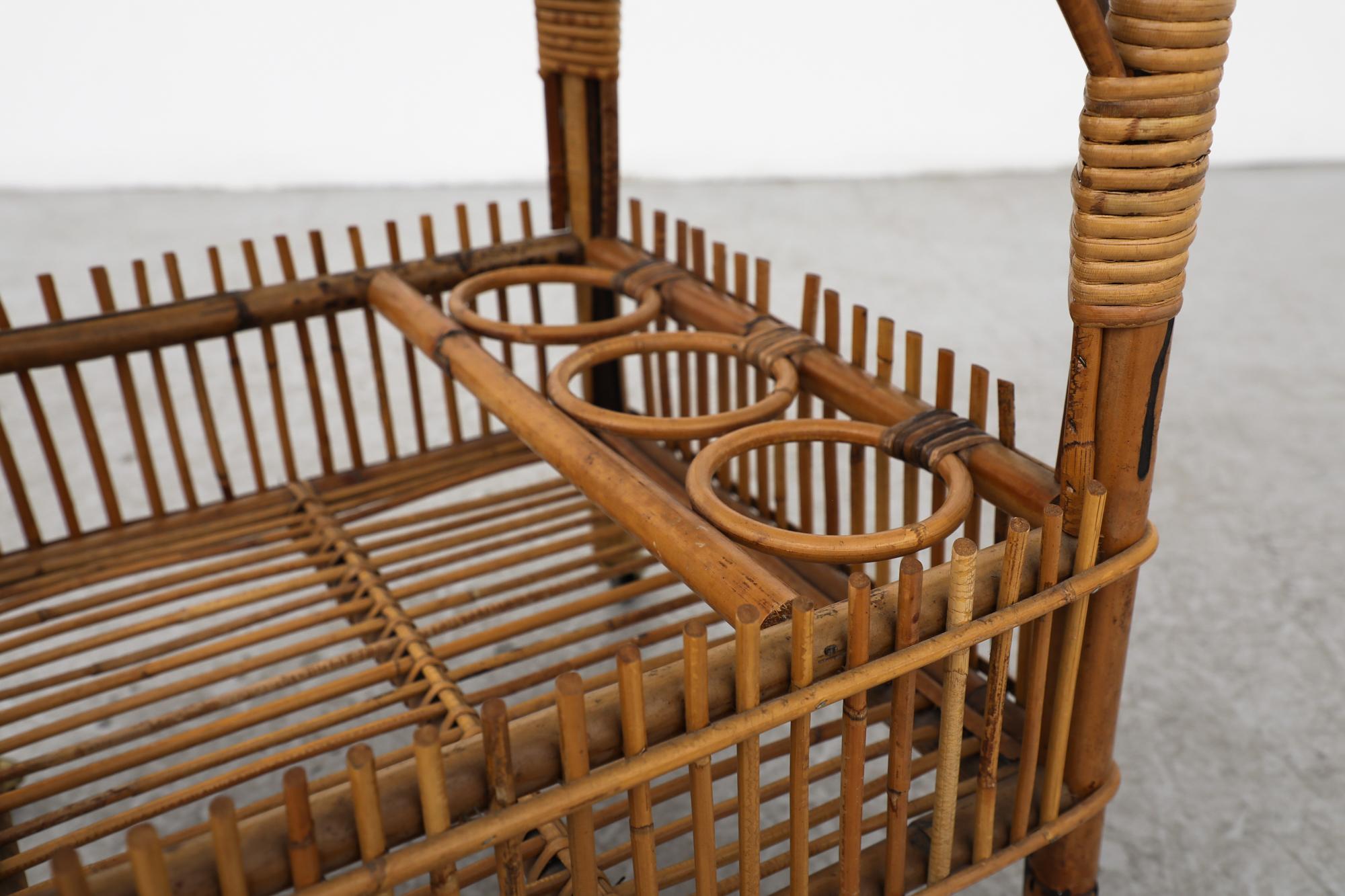 Mid-Century Franco Albini Inspired Bamboo Bar Cart w/ Lower Shelf & Brass Wheels For Sale 5