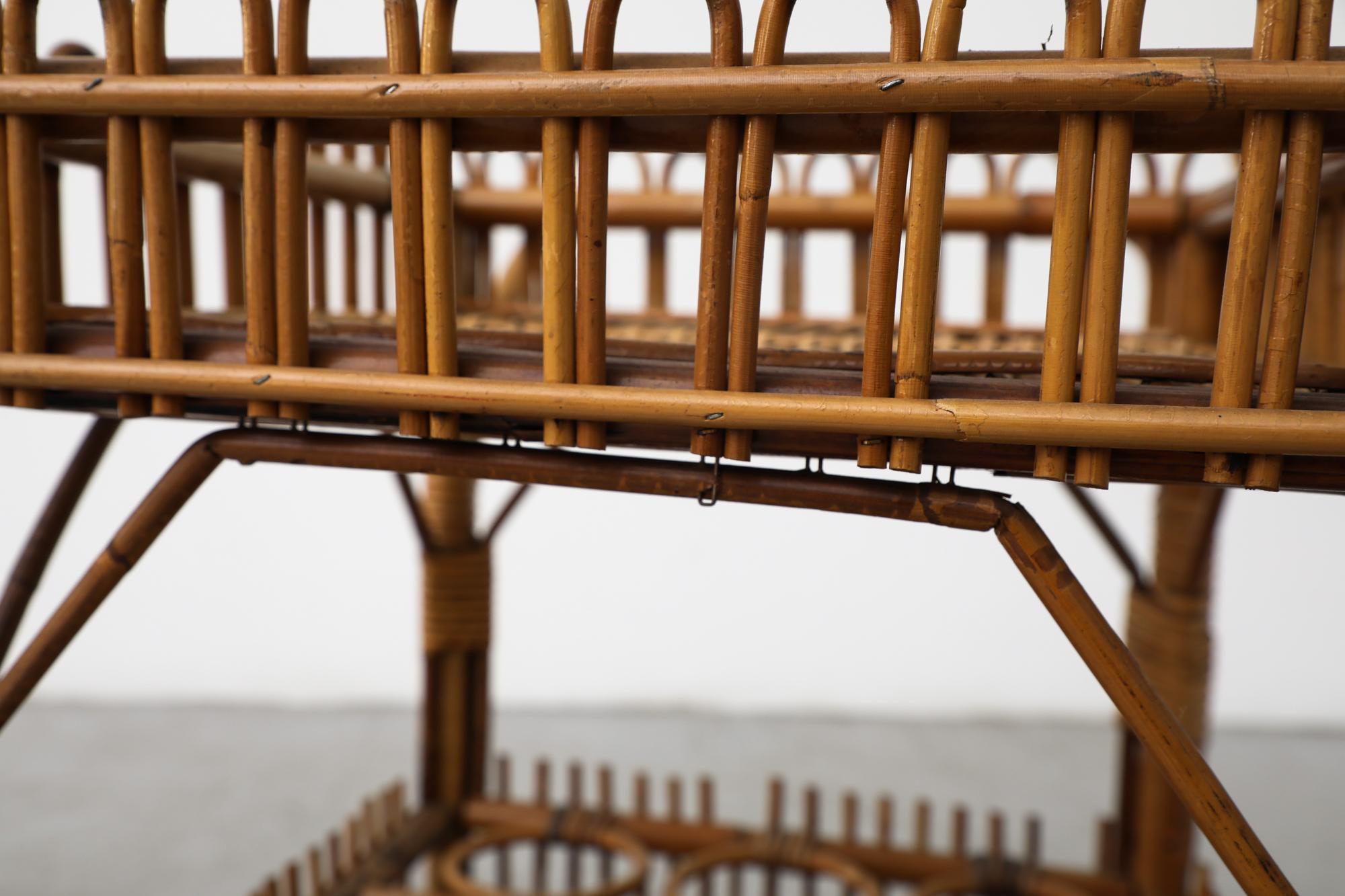 Mid-Century Franco Albini Inspired Bamboo Bar Cart w/ Lower Shelf & Brass Wheels For Sale 6