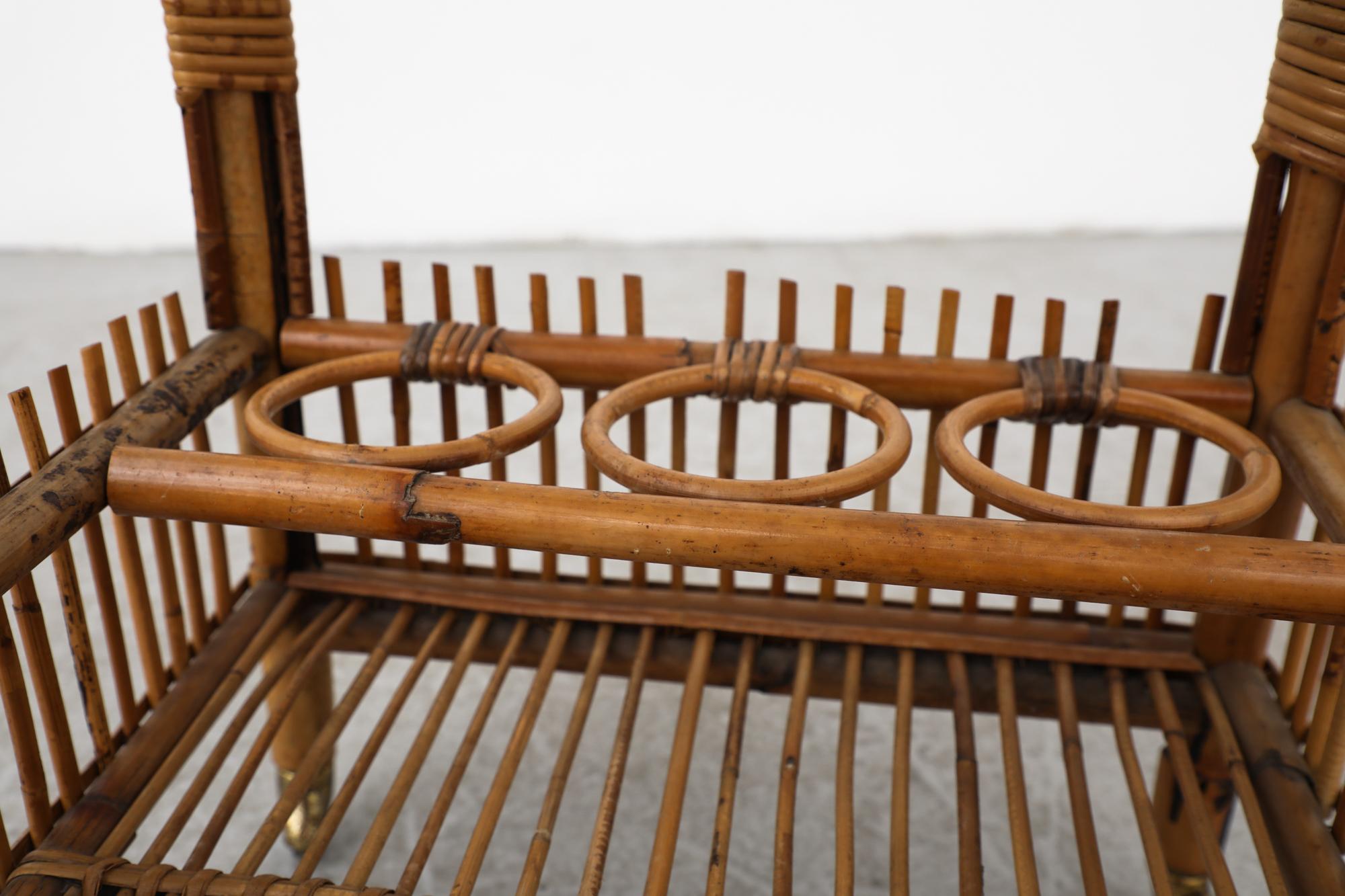 Mid-Century Franco Albini Inspired Bamboo Bar Cart w/ Lower Shelf & Brass Wheels For Sale 7
