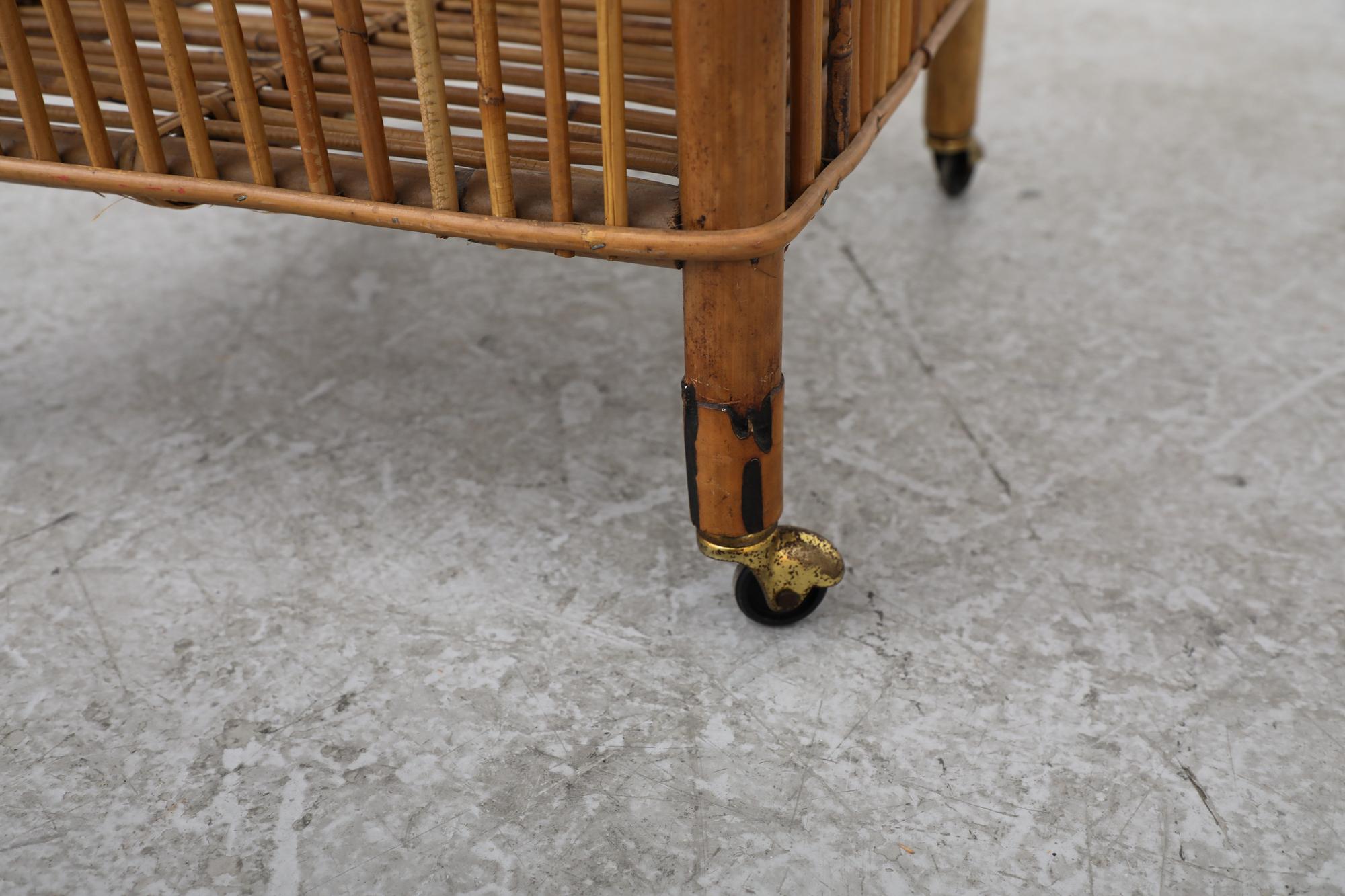 Mid-Century Franco Albini Inspired Bamboo Bar Cart w/ Lower Shelf & Brass Wheels For Sale 9