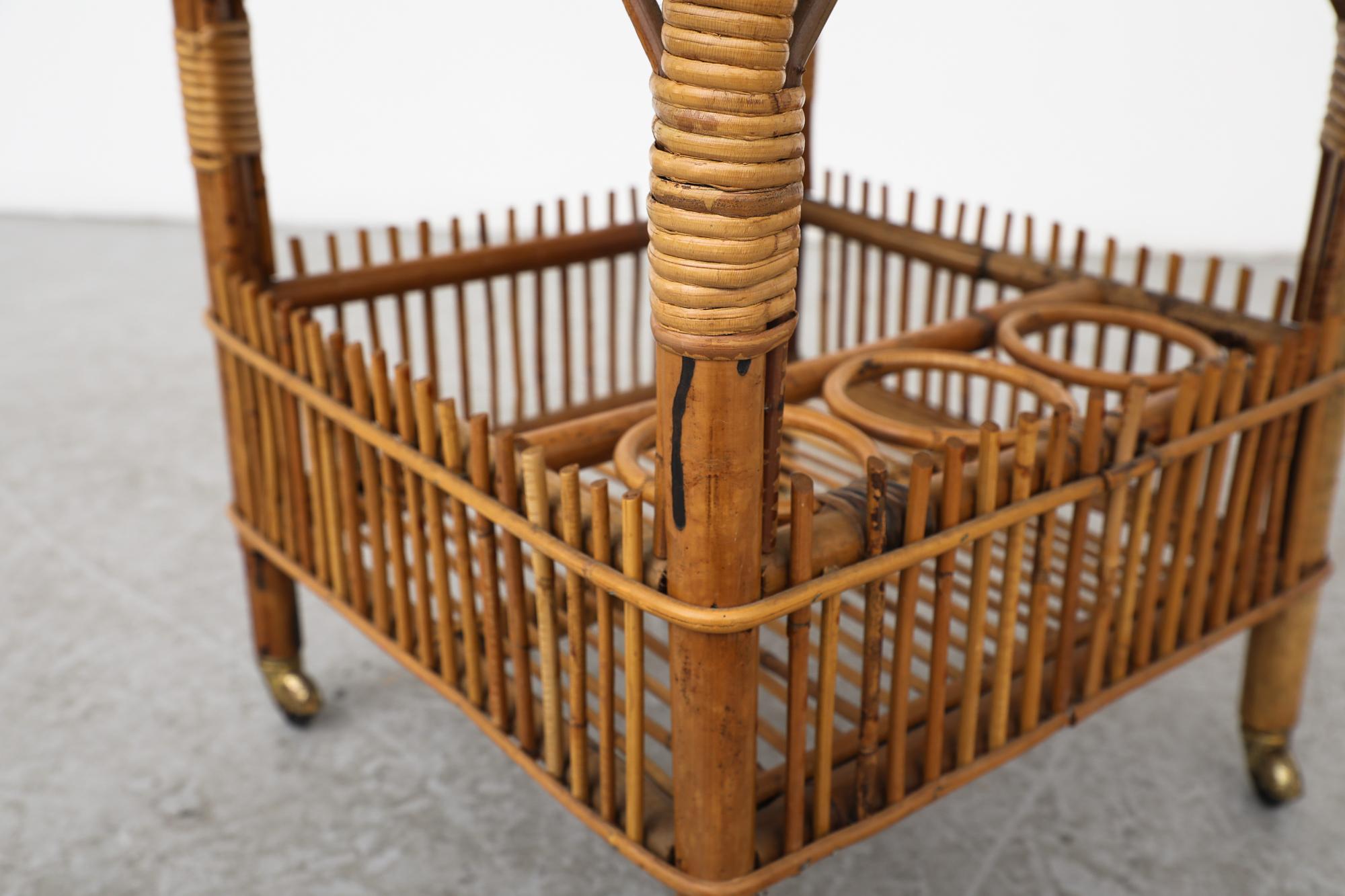 Mid-Century Franco Albini Inspired Bamboo Bar Cart w/ Lower Shelf & Brass Wheels For Sale 10