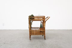 Mid-Century Franco Albini Inspired Bamboo Bar Cart w/ Lower Shelf & Brass Wheels