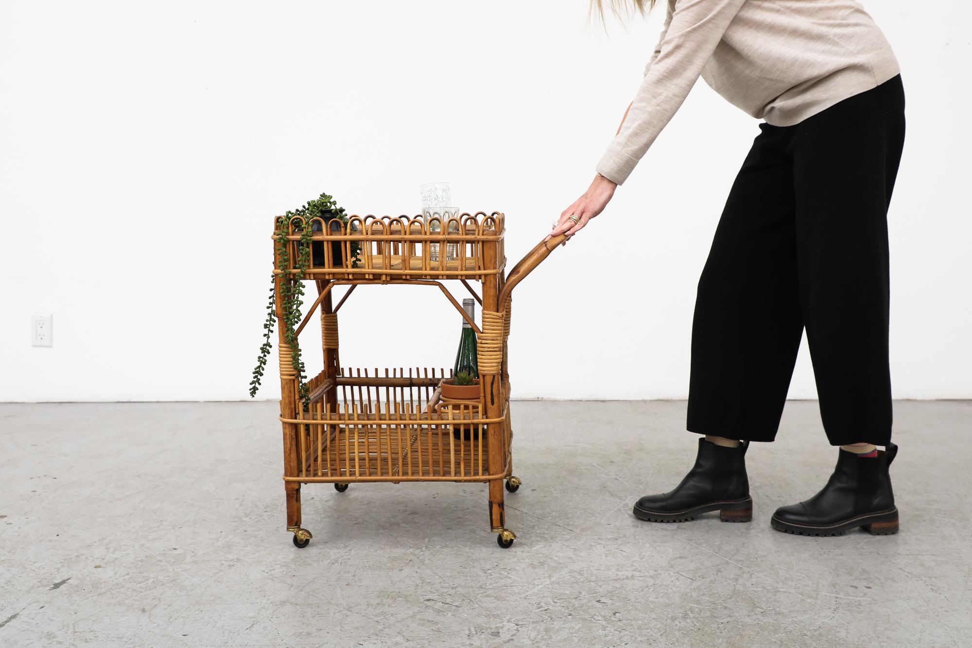 Mid-Century Modern Mid-Century Franco Albini Inspired Bamboo Bar Cart w/ Lower Shelf & Brass Wheels For Sale