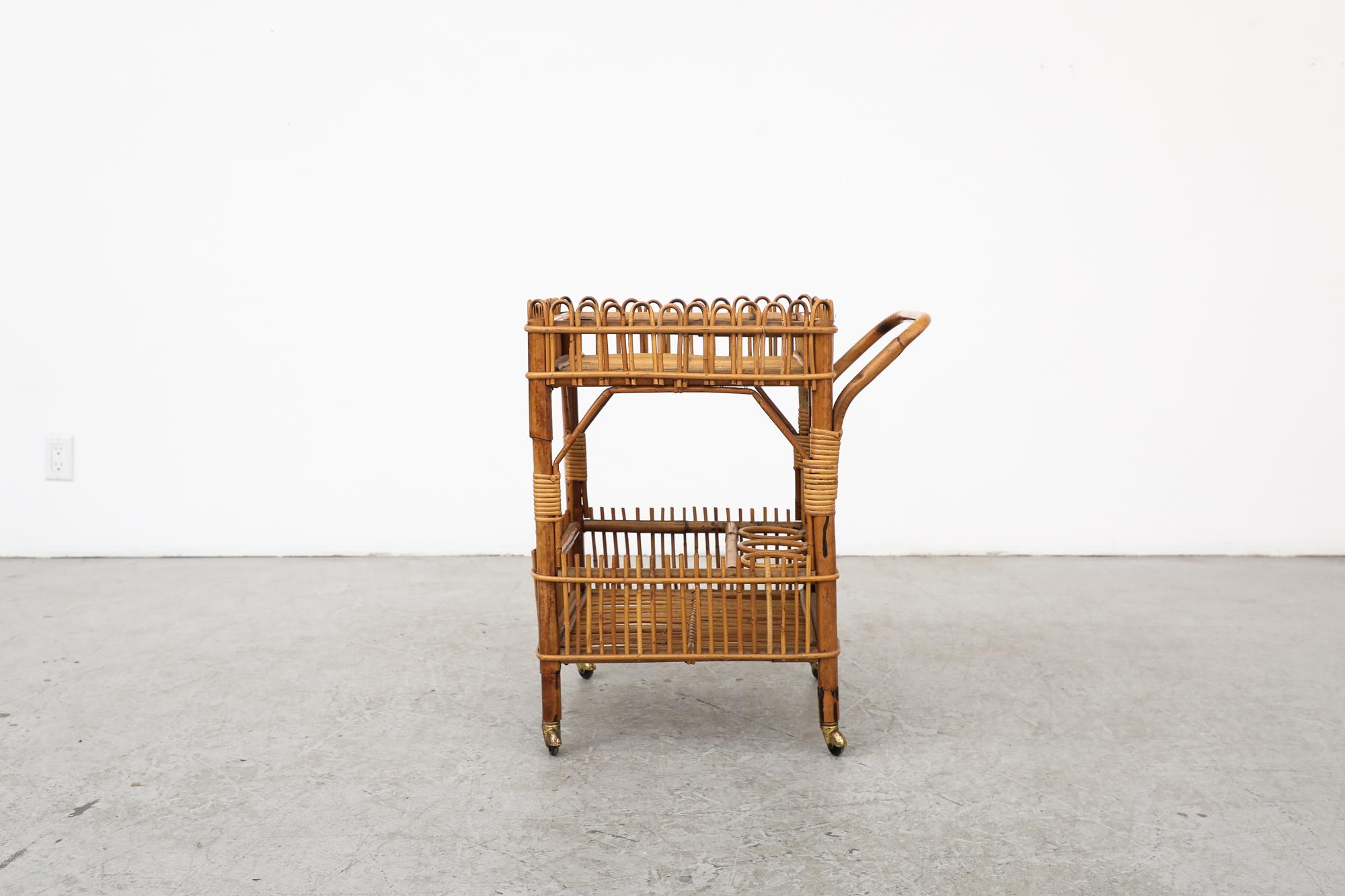 Dutch Mid-Century Franco Albini Inspired Bamboo Bar Cart w/ Lower Shelf & Brass Wheels For Sale