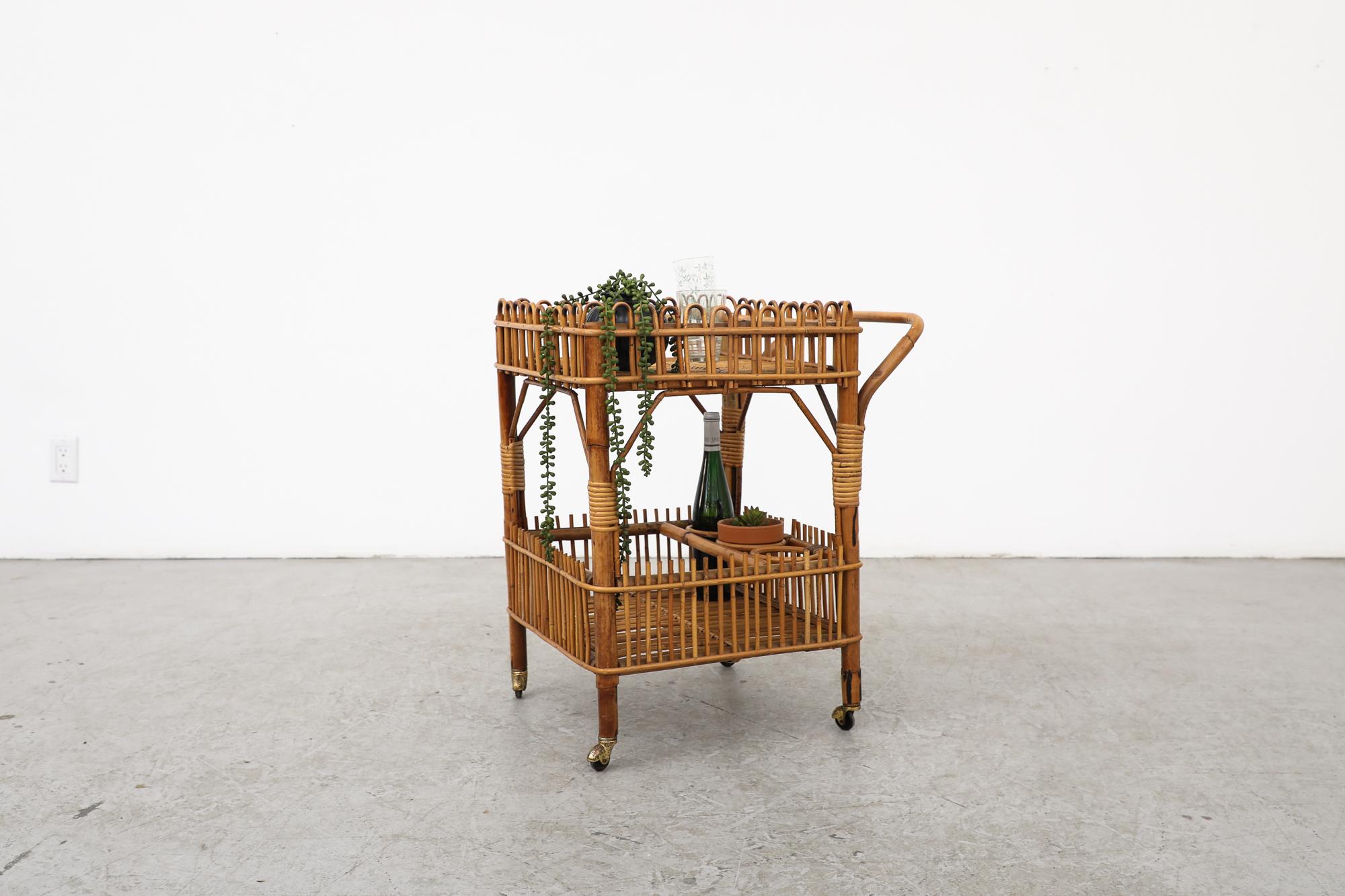 Mid-Century Franco Albini Inspired Bamboo Bar Cart w/ Lower Shelf & Brass Wheels For Sale 1