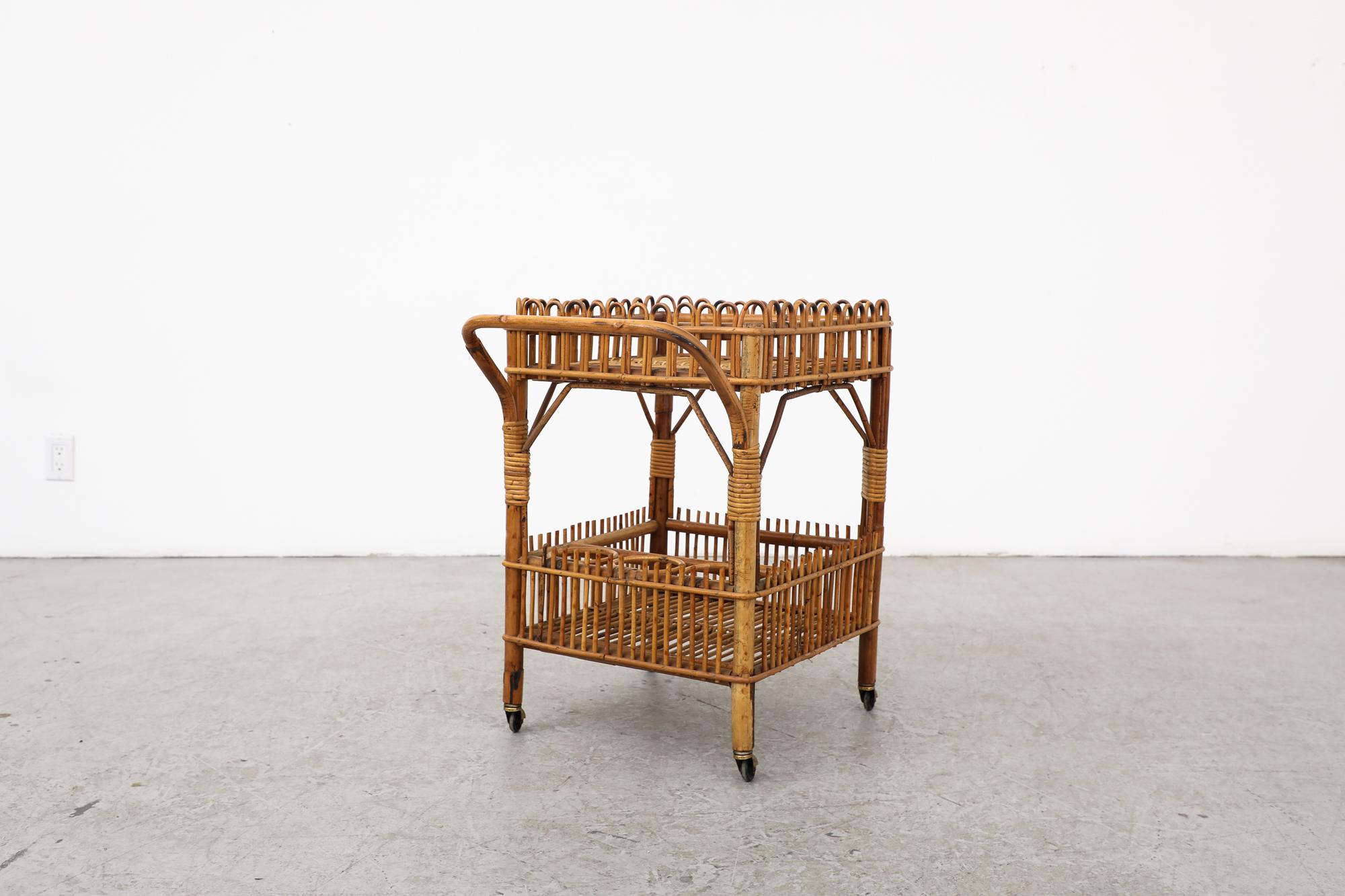 Mid-Century Franco Albini Inspired Bamboo Bar Cart w/ Lower Shelf & Brass Wheels For Sale 2