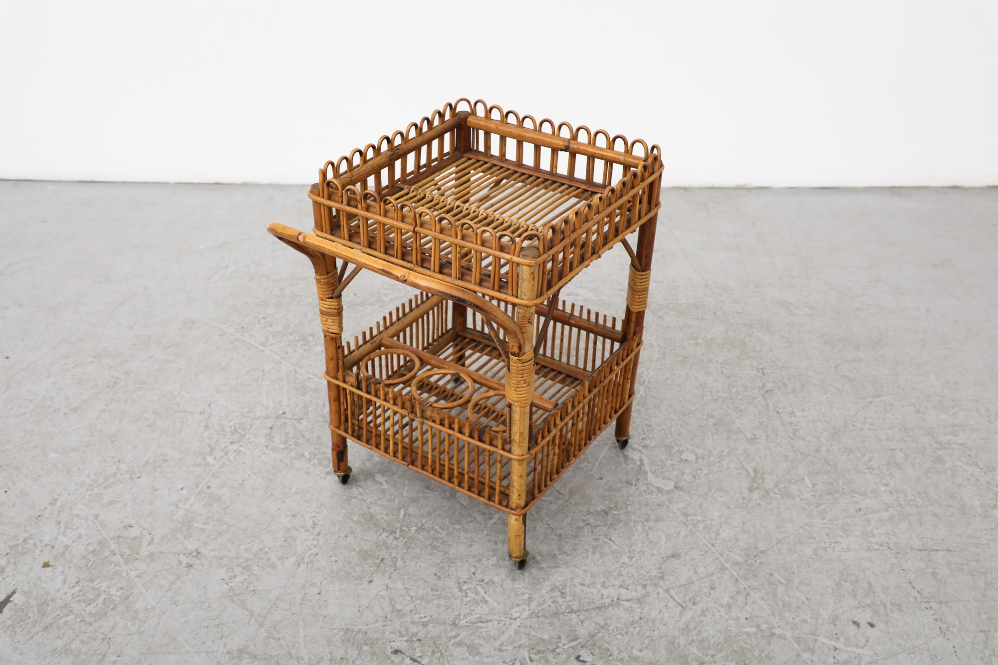 Mid-Century Franco Albini Inspired Bamboo Bar Cart w/ Lower Shelf & Brass Wheels For Sale 3