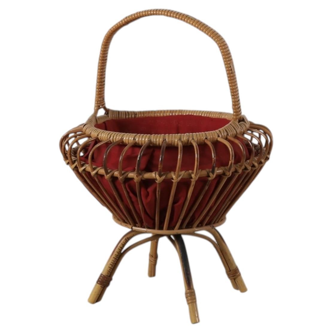 Mid-Century Franco Albini Inspired Bamboo Sewing Basket with Red Lining For Sale
