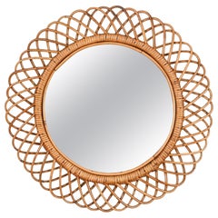 Mid-Century Franco Albini Round Mirror in Rattan and Wicker, Italy 1970s