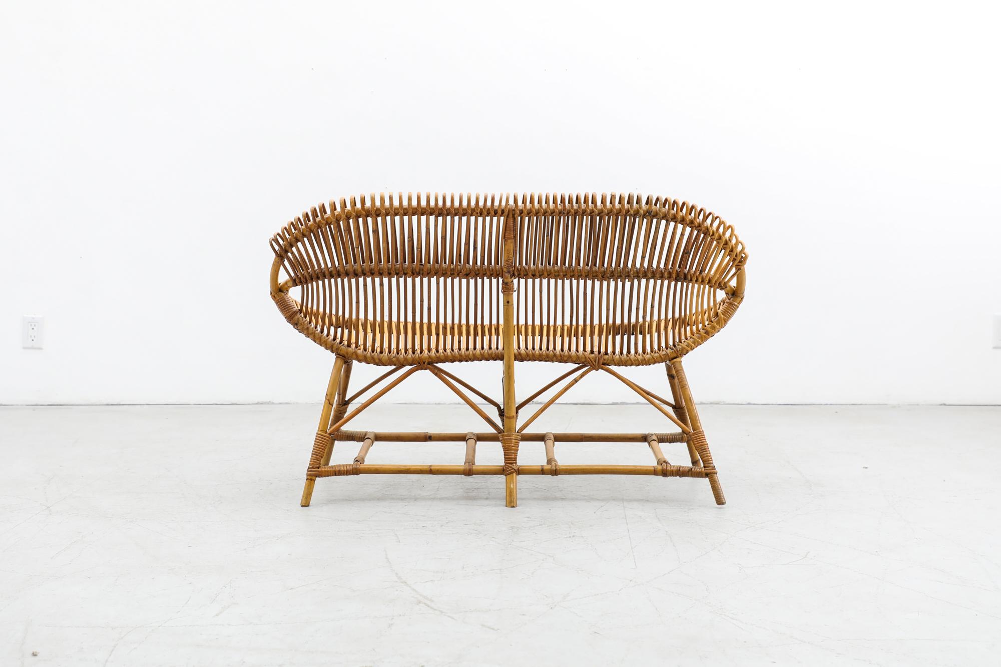 Mid-Century Franco Albini Style Light Wrapped Bamboo Hoop Loveseat In Good Condition For Sale In Los Angeles, CA