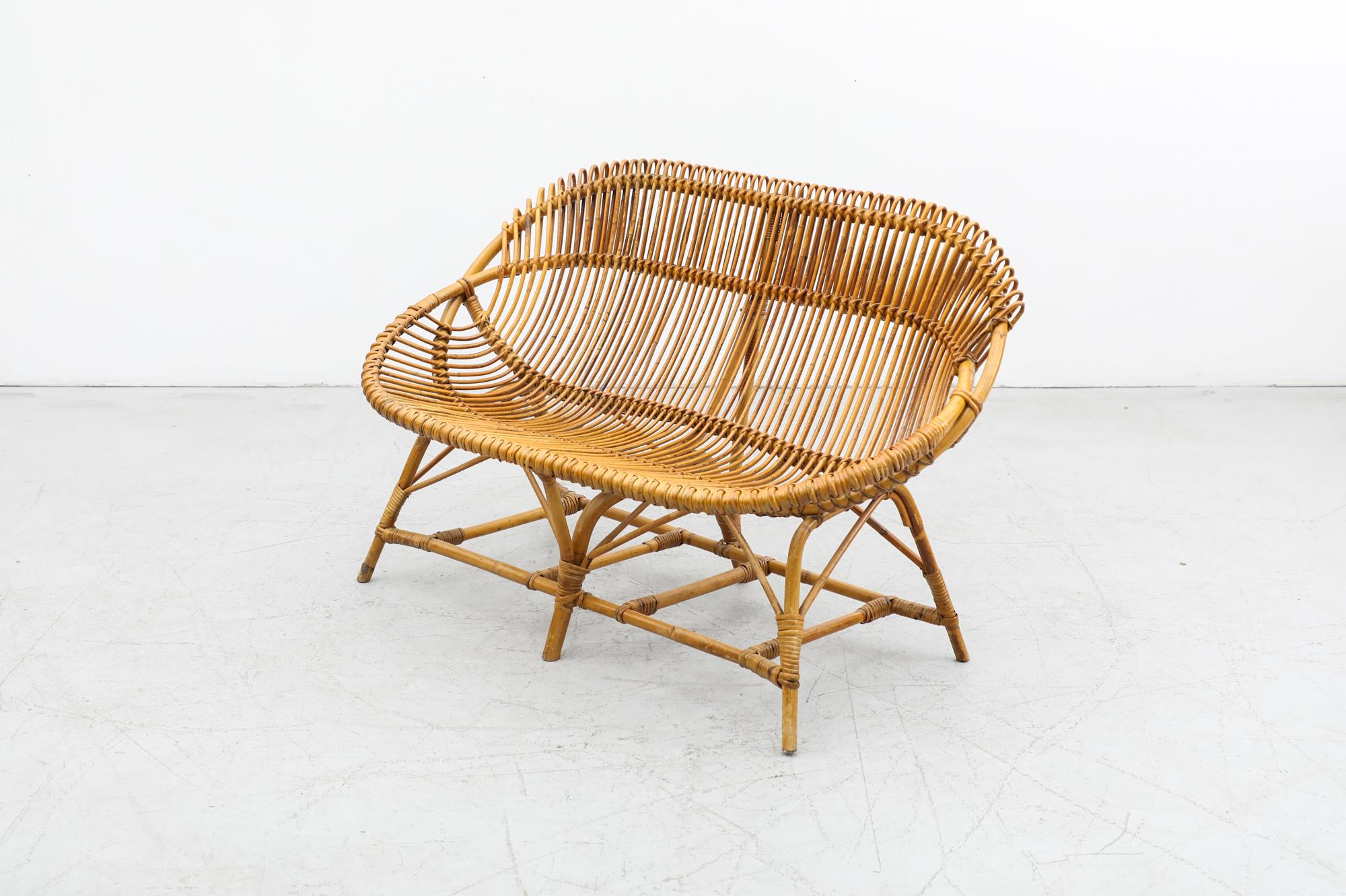 Mid-20th Century Mid-Century Franco Albini Style Light Wrapped Bamboo Hoop Loveseat For Sale