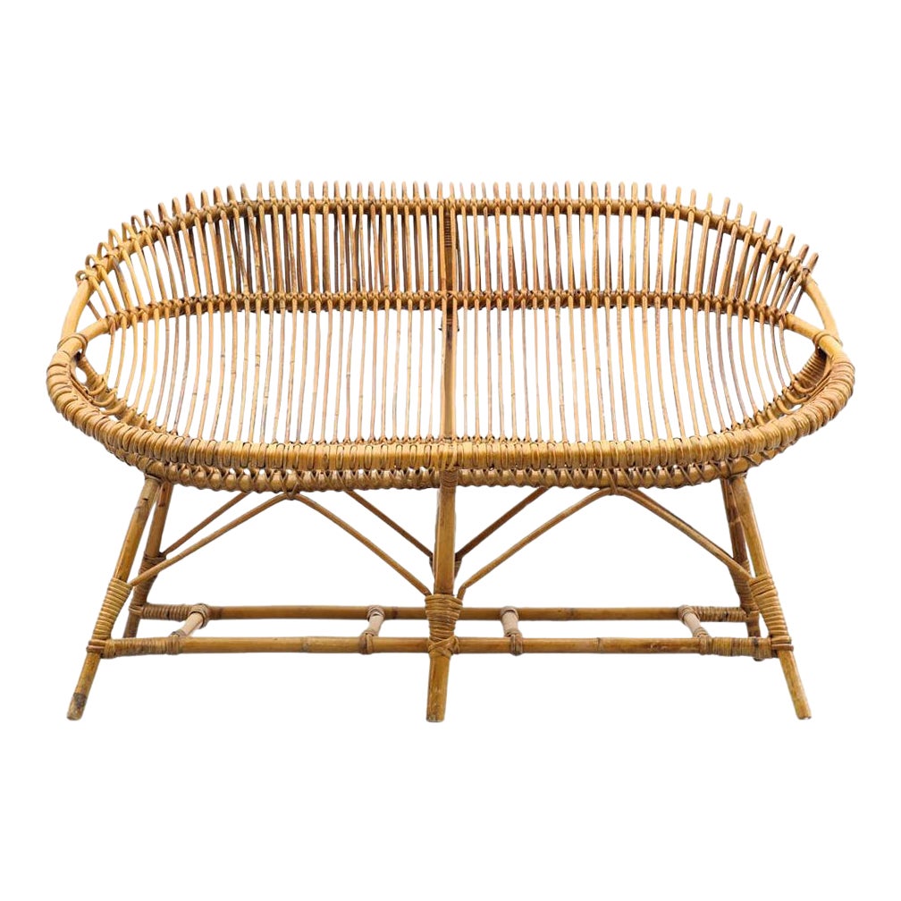Mid-Century Franco Albini Style Bamboo Loveseat, Natural Rattan For Sale