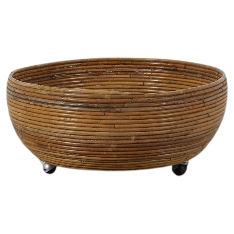 Mid-Century Franco Albini Style Round Bamboo Rolling Planter
