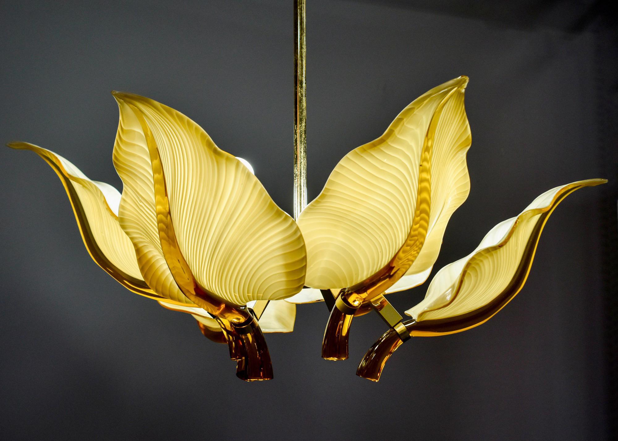 Midcentury Franco Luce for Seguso Amber Glass Leaf Six Light Fixture 3