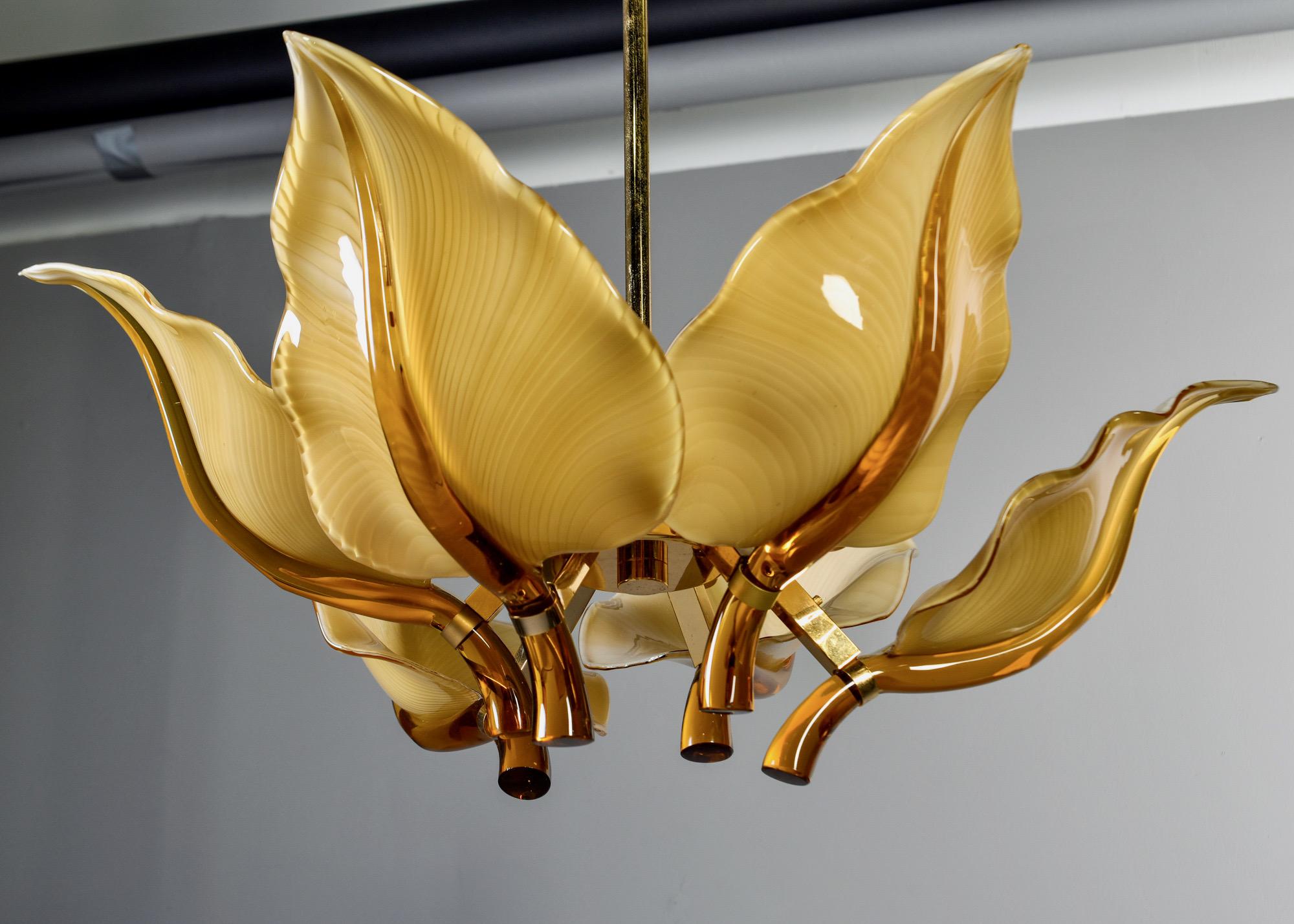 20th Century Midcentury Franco Luce for Seguso Amber Glass Leaf Six Light Fixture