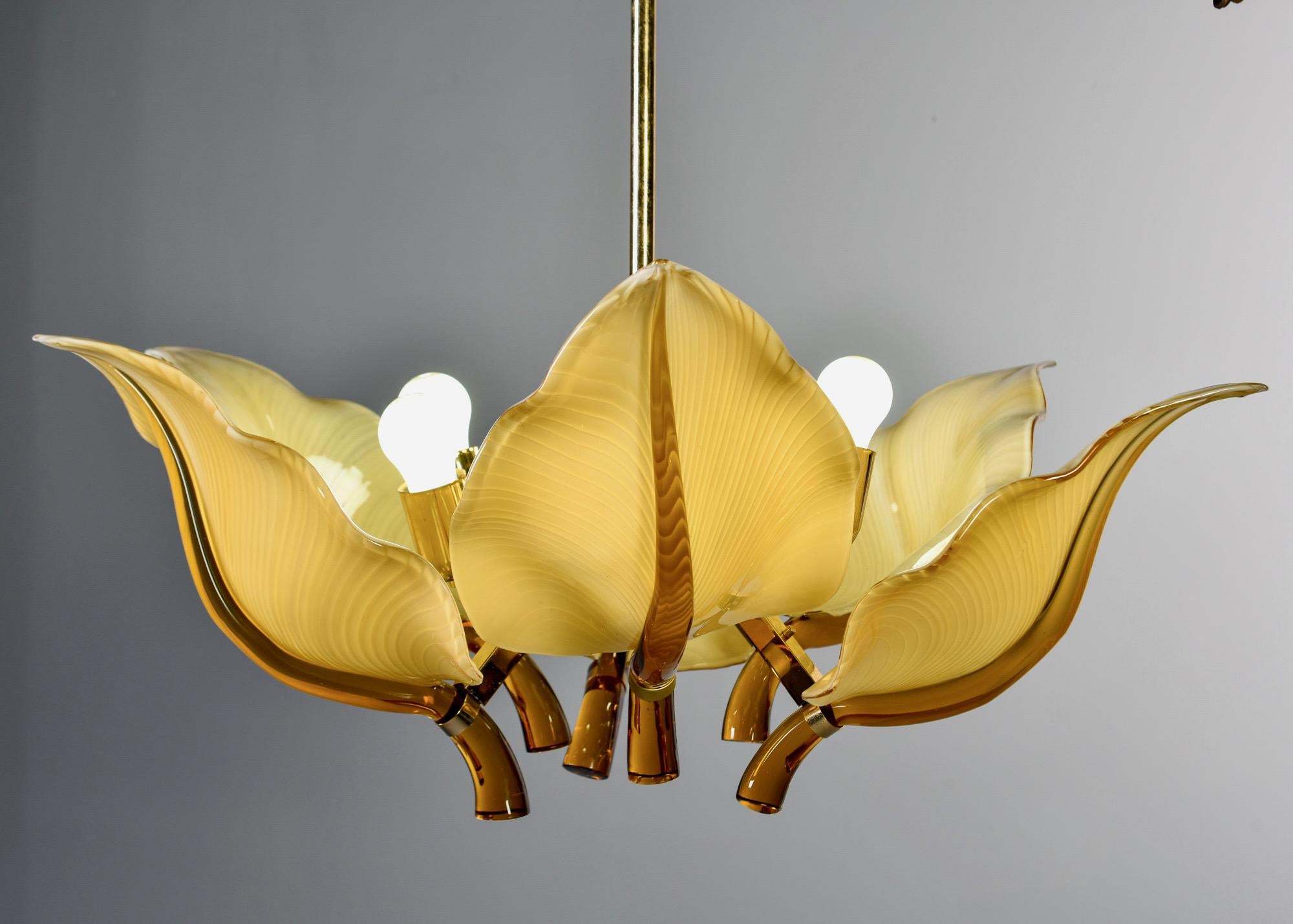 Brass Midcentury Franco Luce for Seguso Amber Glass Leaf Six Light Fixture