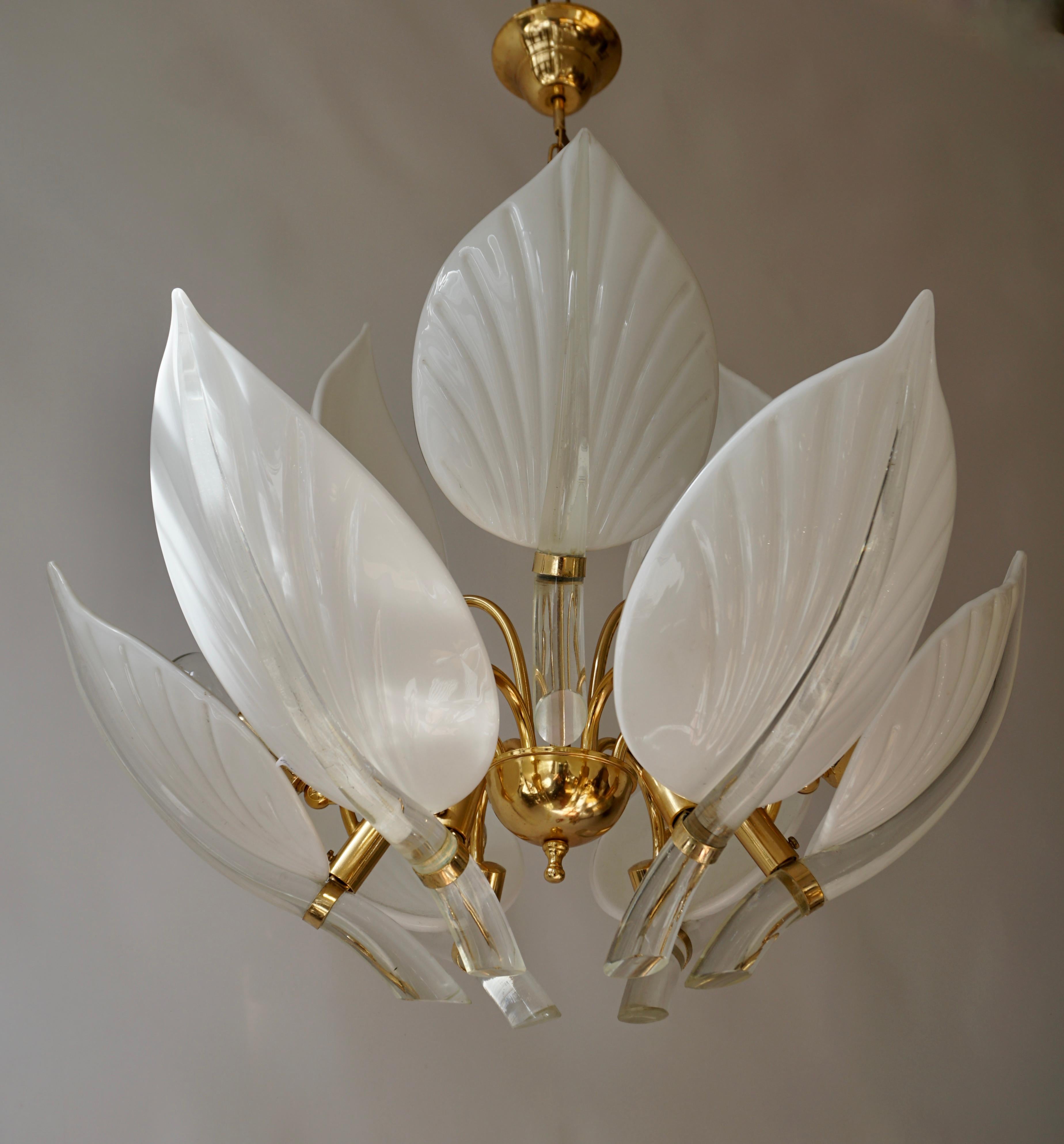 Midcentury Franco Luce for Seguso White Glass Leaf Nine Light Fixture ...