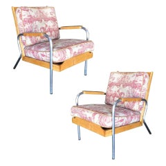 Vintage Midcentury Francois Caruelle Style Blonde Lounge Chair, Pair