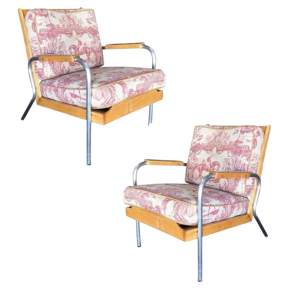 Mid-Century Francois Caruelle Style Blonde Lounge Chair, Pair For Sale