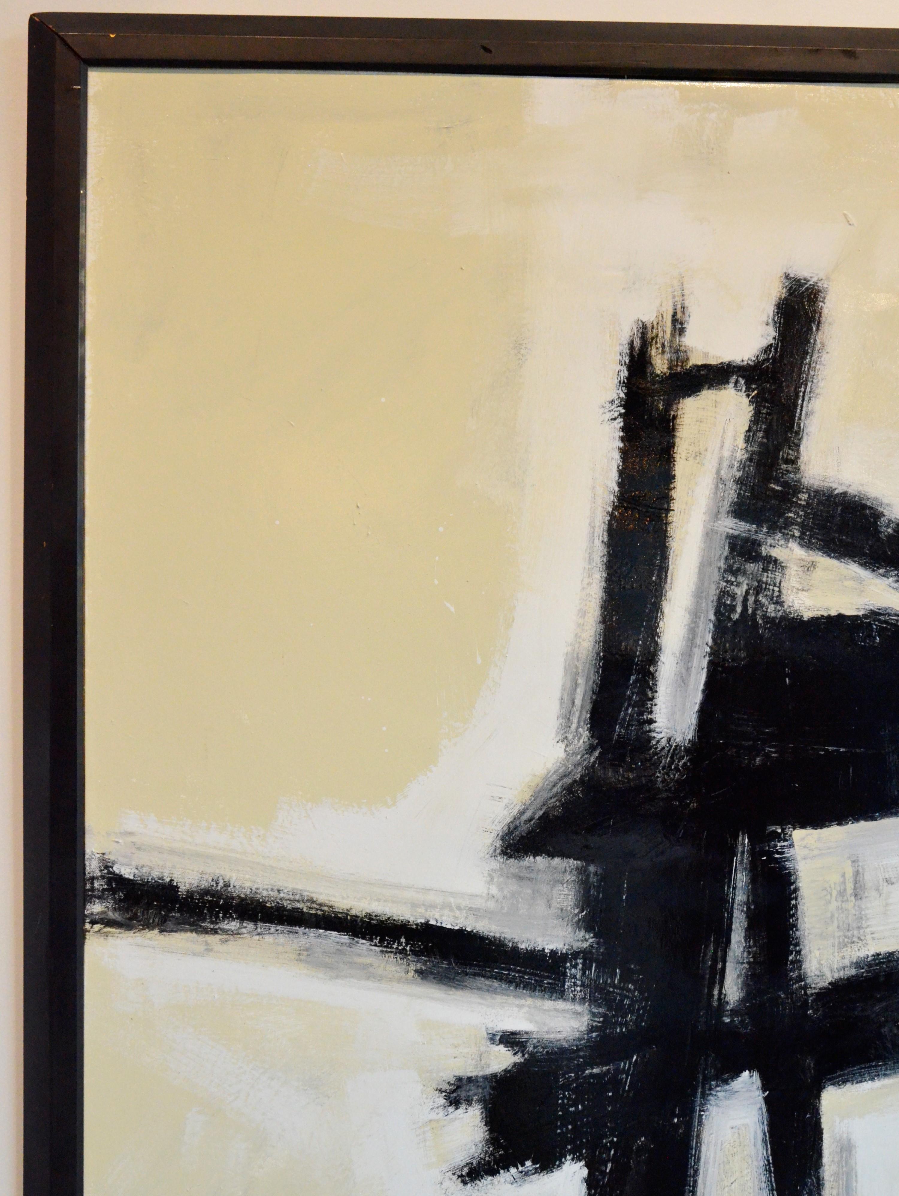Offered is an original unsigned abstract Expressionist Franz Kline style white, off-white and gray background with thick black strokes painting framed in black wood painting on stretched canvas. The work from this unknown artist seems to draw its