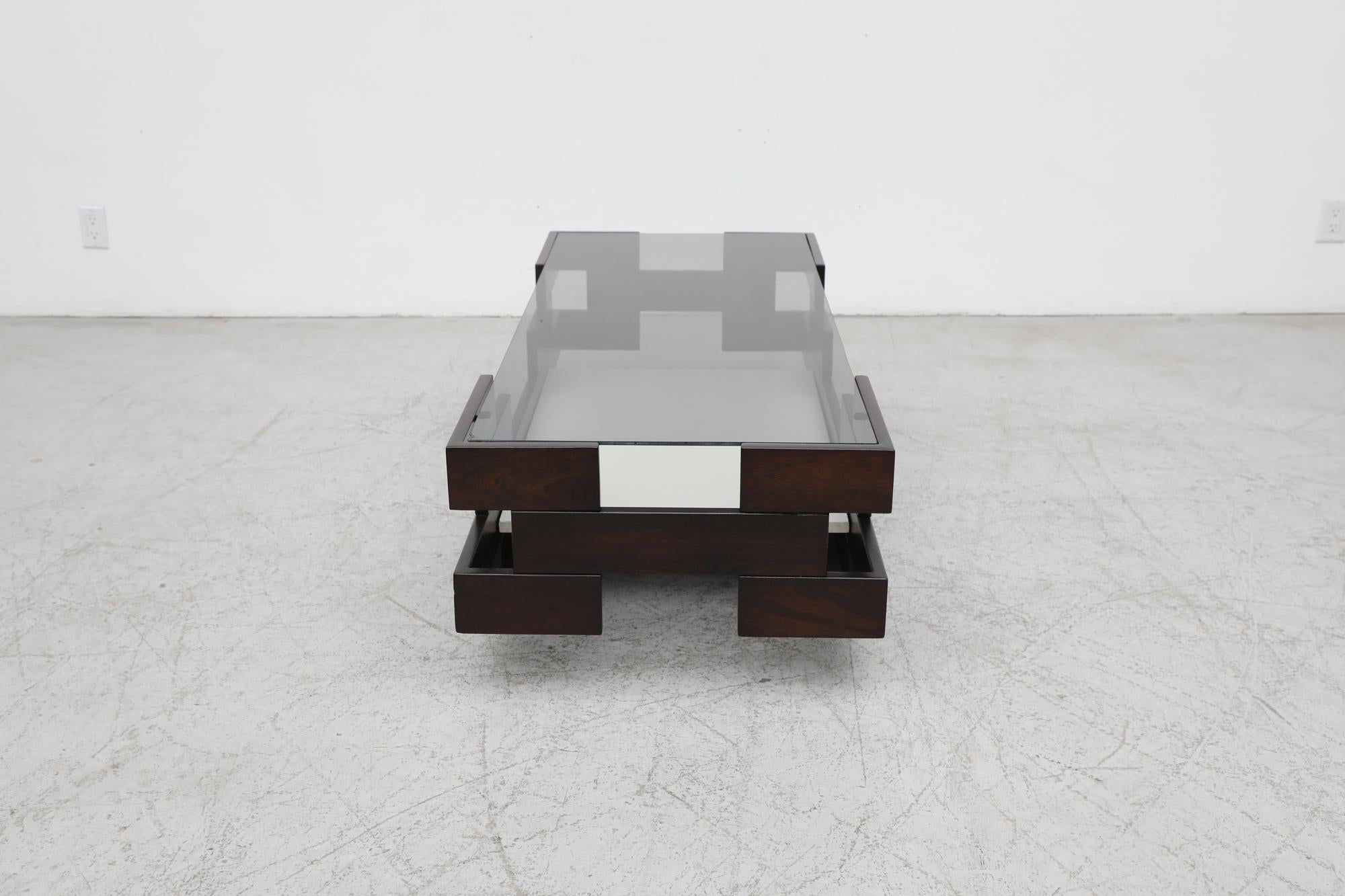 Mid-Century Frattini Inspired Wenge, White Laminate & Smoked Glass Coffee Table For Sale 4