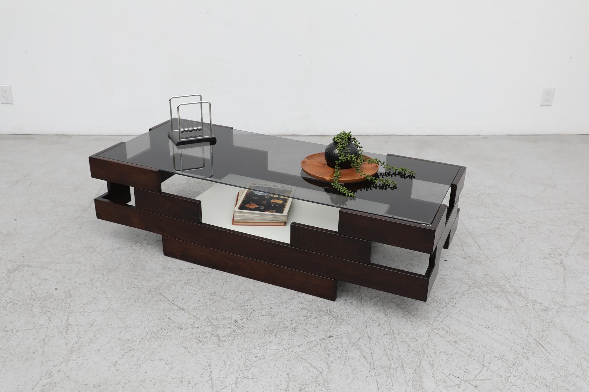 Dutch Mid-Century Frattini Inspired Wenge, White Laminate & Smoked Glass Coffee Table For Sale