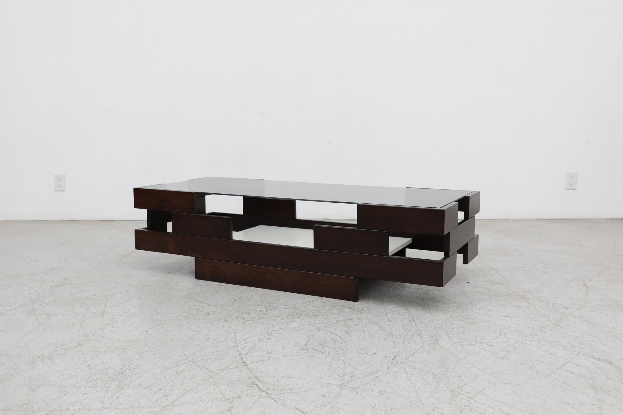 Mid-Century Frattini Inspired Wenge, White Laminate & Smoked Glass Coffee Table In Good Condition For Sale In Los Angeles, CA