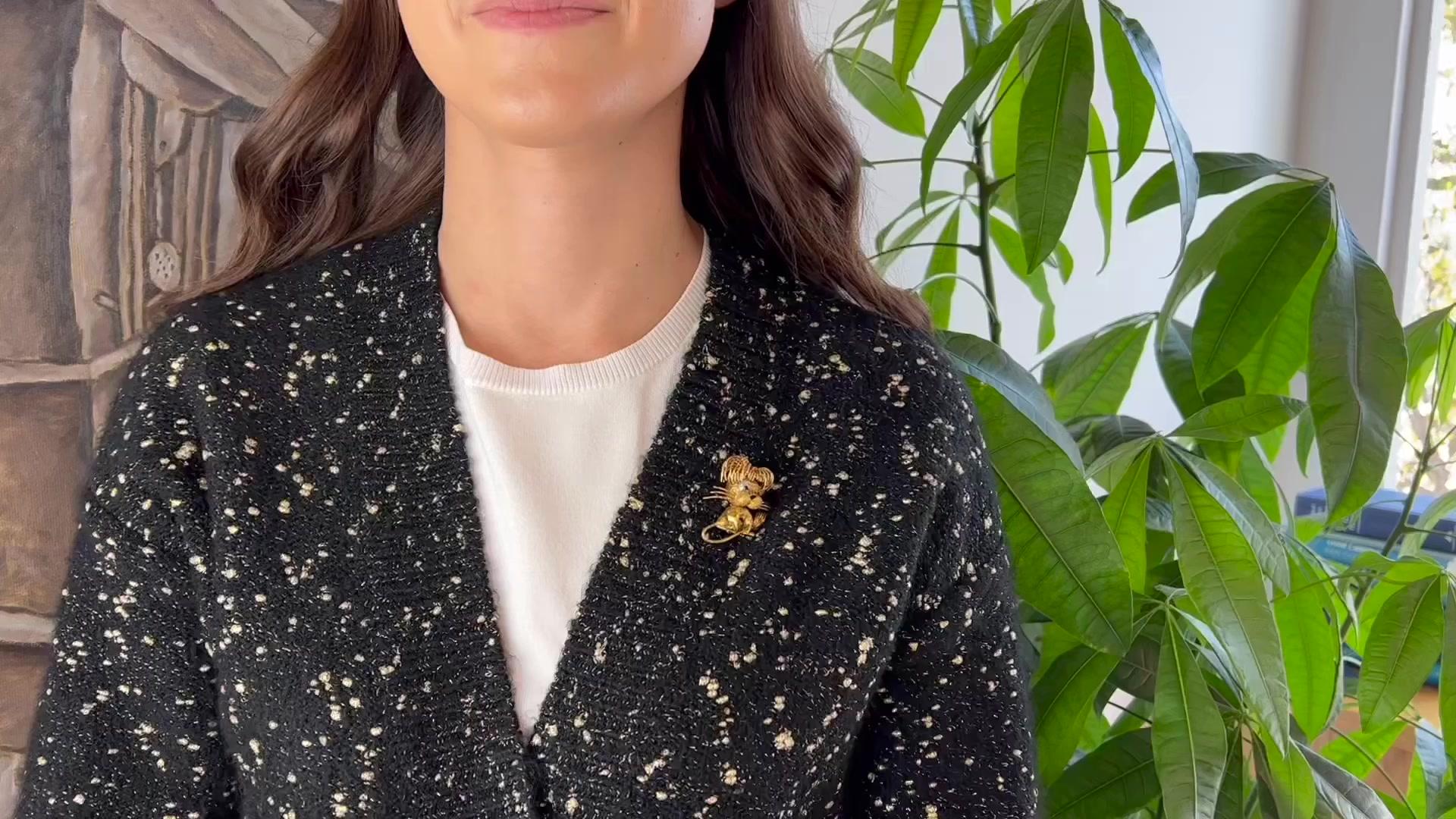 Eine Fred Paris Saphir-Diamant 18 Karat Gelbgold Löwenbrosche aus der Mitte des Jahrhunderts. Mit einem runden Saphir im Brillantschliff von ca. 0,05 Karat. Akzentuiert durch vier einzeln geschliffene Diamanten mit einem Gesamtgewicht von ca. 0,07