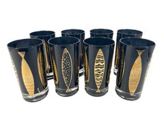 Mid-Century Fred Press Highball Glasses in Black with Gold Atomic Fish