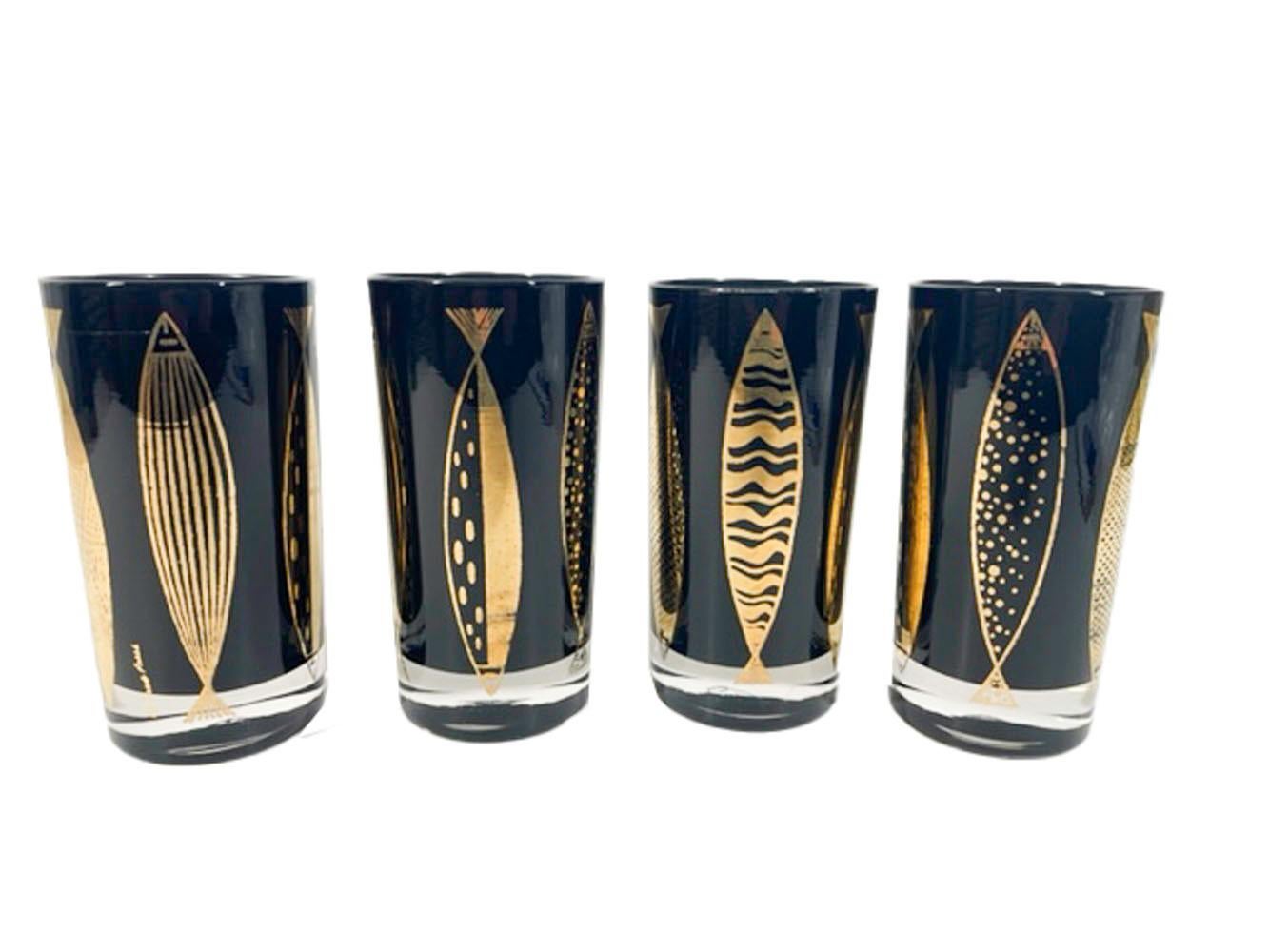 Mid-Century Modern Verres Highball Mid-Century de Fred Press en noir avec poisson atomique doré en vente